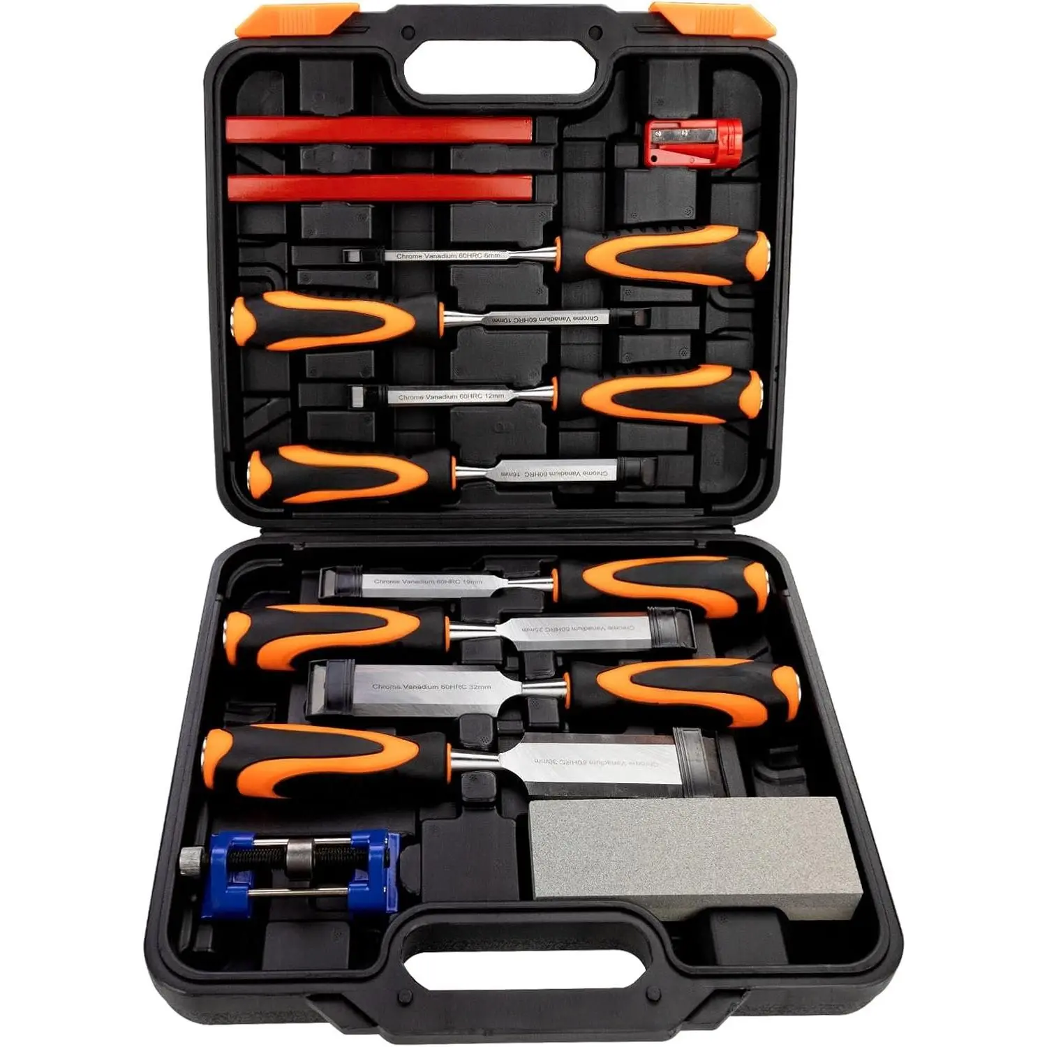 Professional 13-Piece Woodworking Chisel Set - Includes 8 Woodworking Chisels, 1 Honing Guide, 1 Sharpening Stone, 2 Carpenter Pencils (Inches-Sized Blades) for Woodworkers