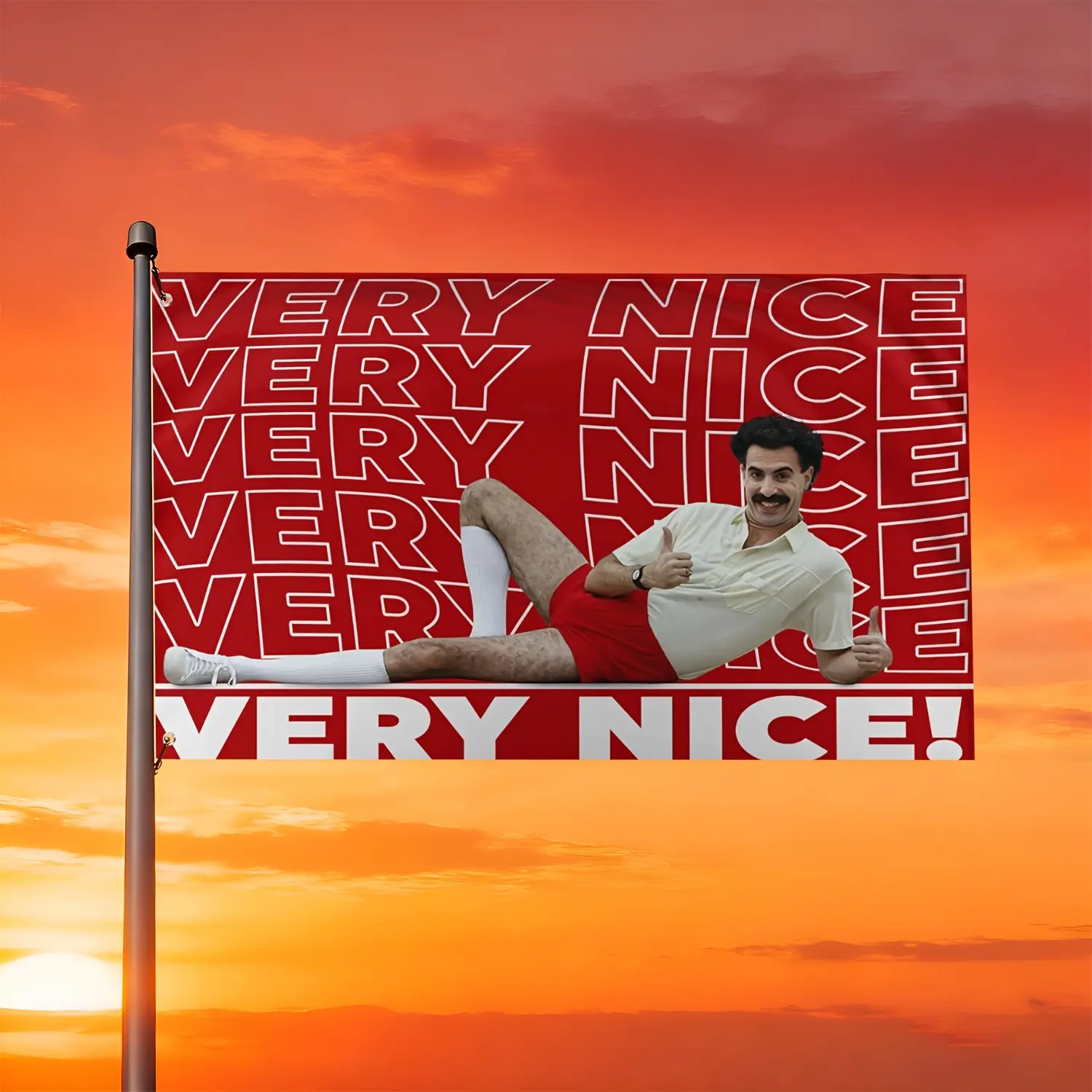 [jit]1PC Borat Very Nice! The Movie Meme Flag is made of 100% polyester fiber, comes with 2 hanging rings, and is suitable for home/garden/outdoor/indoor use. It is available in 4 sizes: wall banner, poster banner, flag banner, sail banner, and sign banne