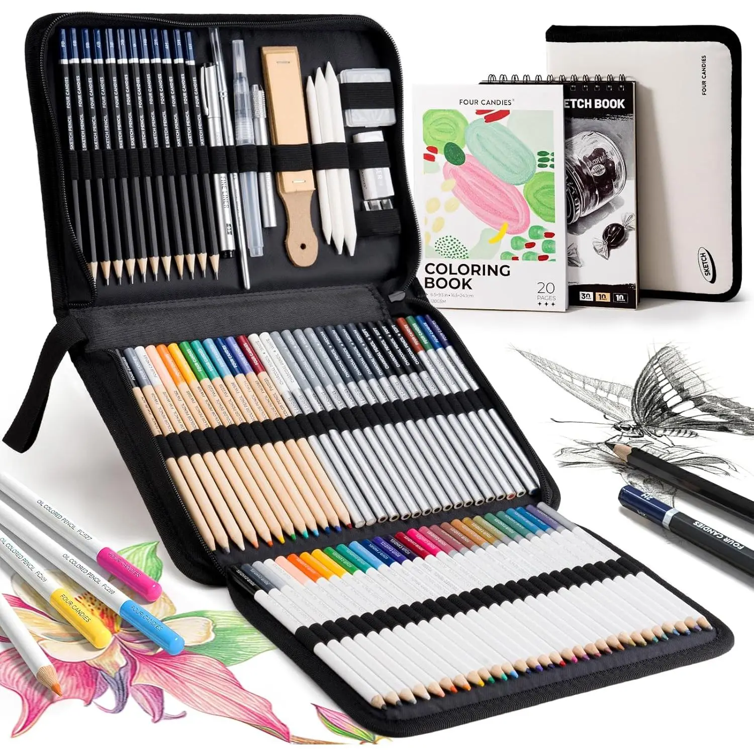 Four Candies 87 Pack Sketching Kit for Artist Gifts, Art Supplies, Drawing Set with Colored Pencils, Sketchbook, Coloring Book, Complete Drawing Tools in Zipper Case for Adult, Teens & Beginner