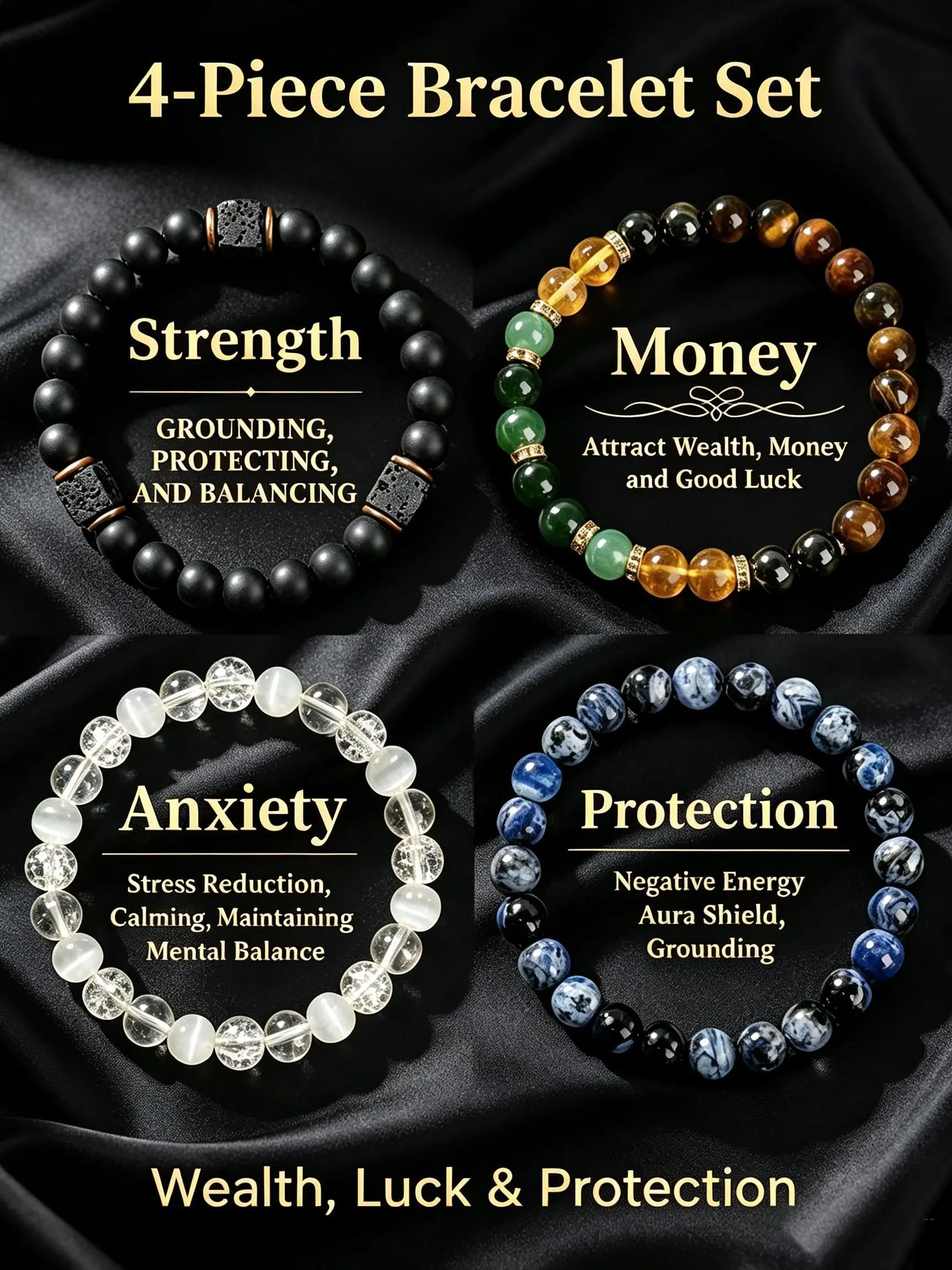 Men Women 4 Pcs Bohemian Crystal Bracelet Set, Tiger Eye Obsidian Hematite Natural Stone Beads, Protection Money Attraction Anxiety Relief Strength