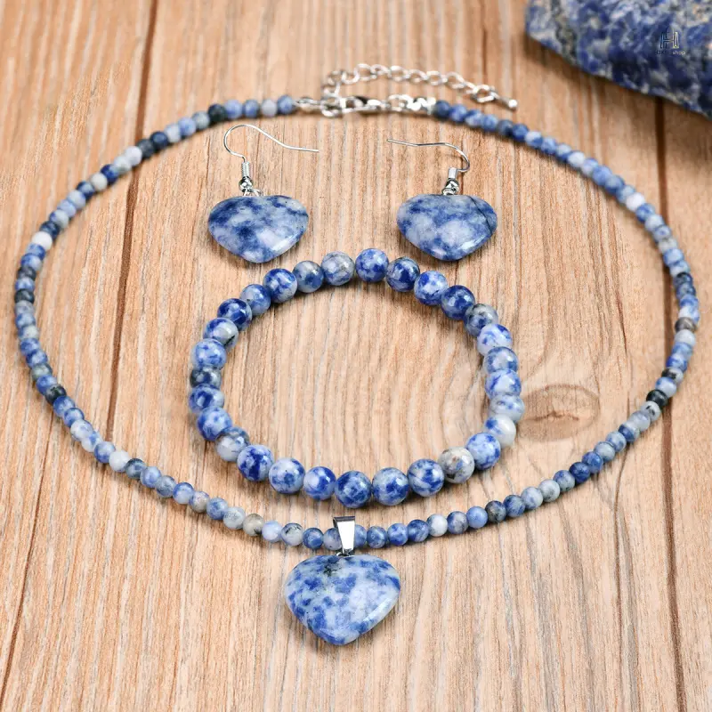 Women's Handmade Blue Spot Natural Stone Beaded Jewelry Set - Minimalist Beaded Chain Set with Heart Motif, Necklace, Bracelet, Earrings for Daily Wear, Natural Stones, Ladies