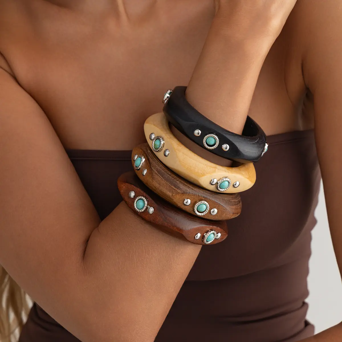 Main Character Energy Western Chic Chunky Wood Bangle Bracelet Turquoise Studded Wide Wooden Cuff Y2K Baddie Aesthetic Retro Boho Festival Jewelry Gift For Her