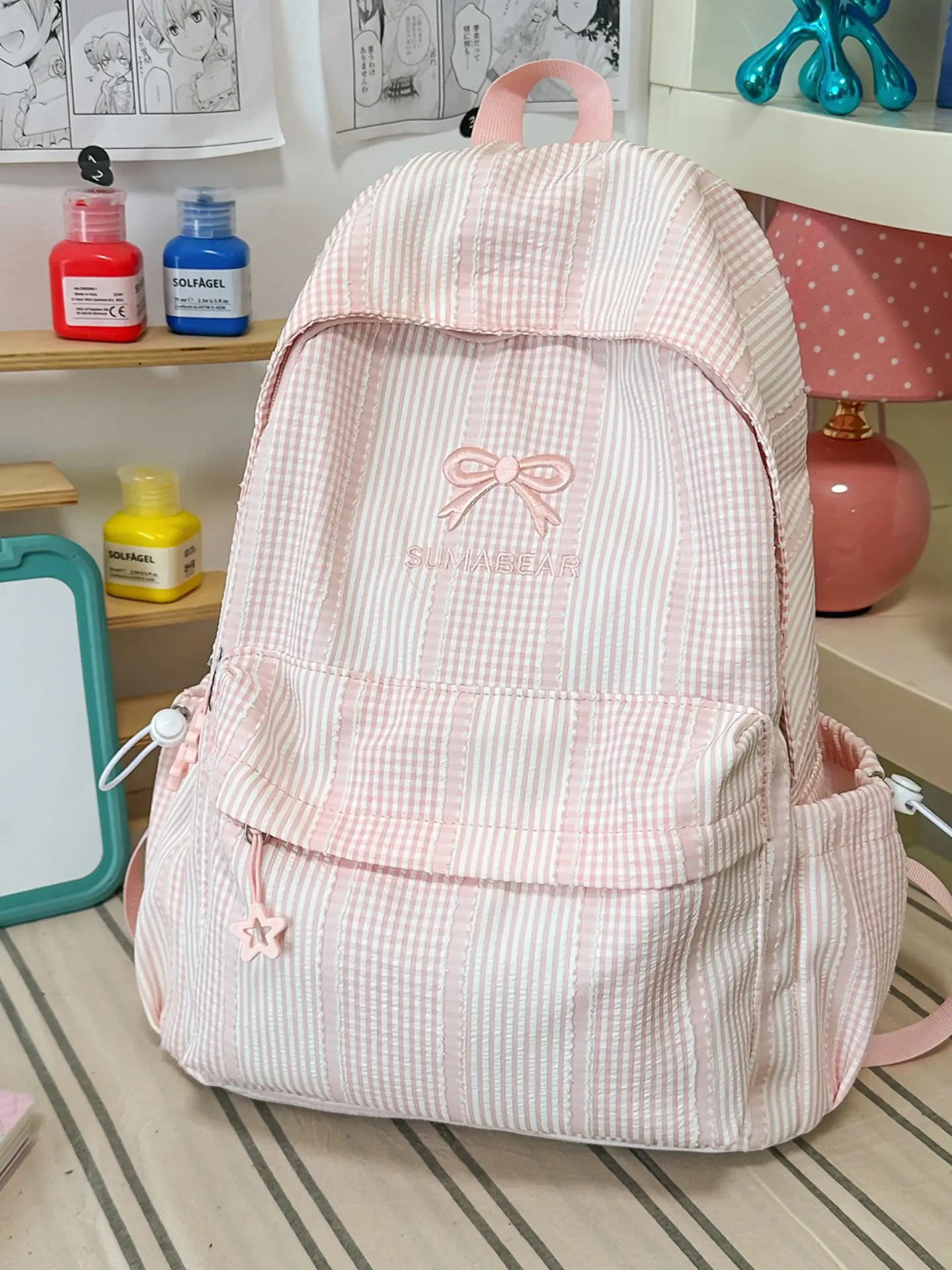 Korean Style Striped Women's Backpack, Cute Embroidered Bow Canvas Student Bag, Lightweight Large Capacity Teen Girls Casual Travel Backpack