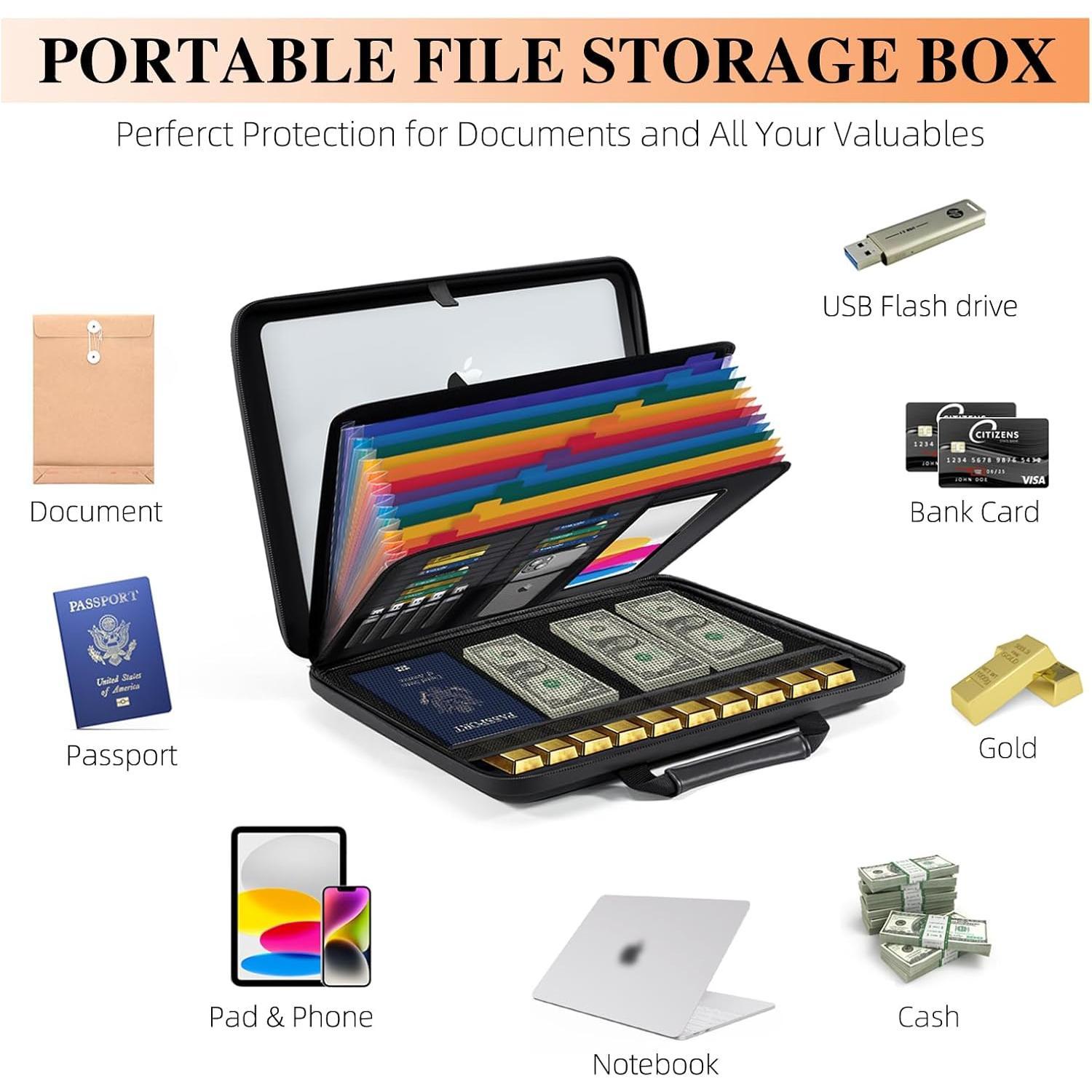 Fireproof Document Box File Organizer: Hard-Shell Case Fireproof  Box with Lock & 13 Pocket Accordion File Folder - Portable  Office Travel Safe Storage for Important Documents and Files