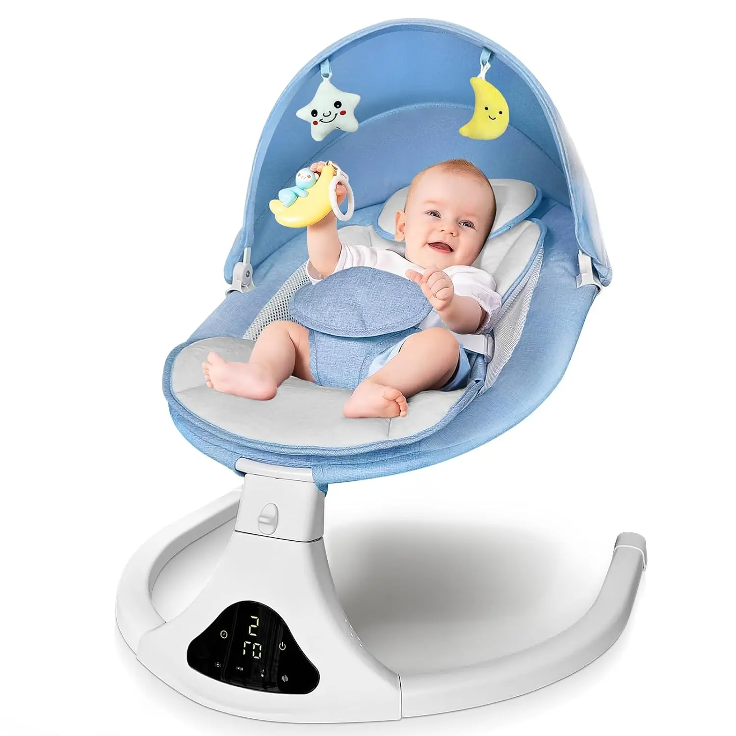 Unisex Electric Baby Swing with Remote Control - 5 Natural Motion Speeds, Detachable Seat Pad, Easy Support, Prop 65 Safe, Portable for Indoor/Outdoor Use (0-12M, 20lbs, Blue), Detachable Pad