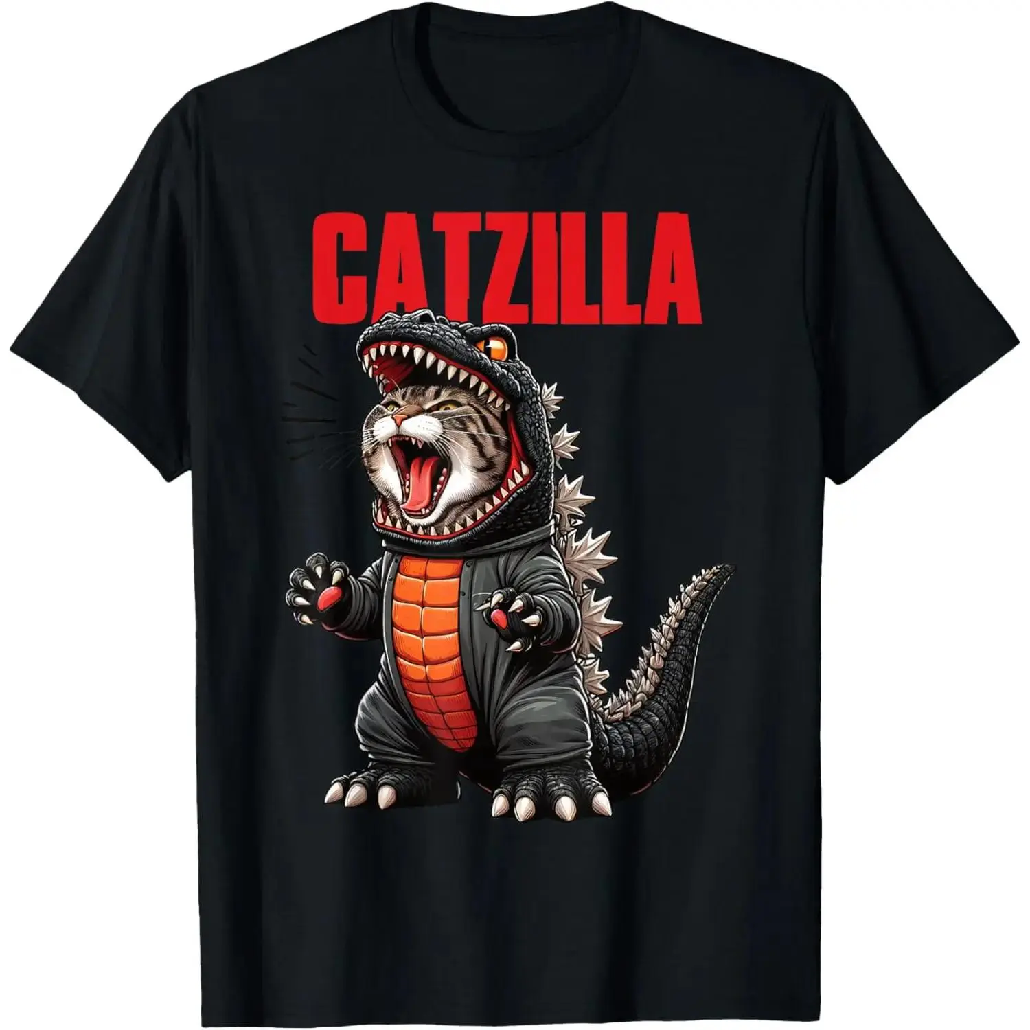 100% Cotton Unisex Short-Sleeve Round Neck Casual T-Shirt, Cute Kitty Catzilla Top for Cat Parents (Sports & Outdoor Sports Tops), Shortsleeve, Tshirt, Funny Print, Multi-Size, Menswear