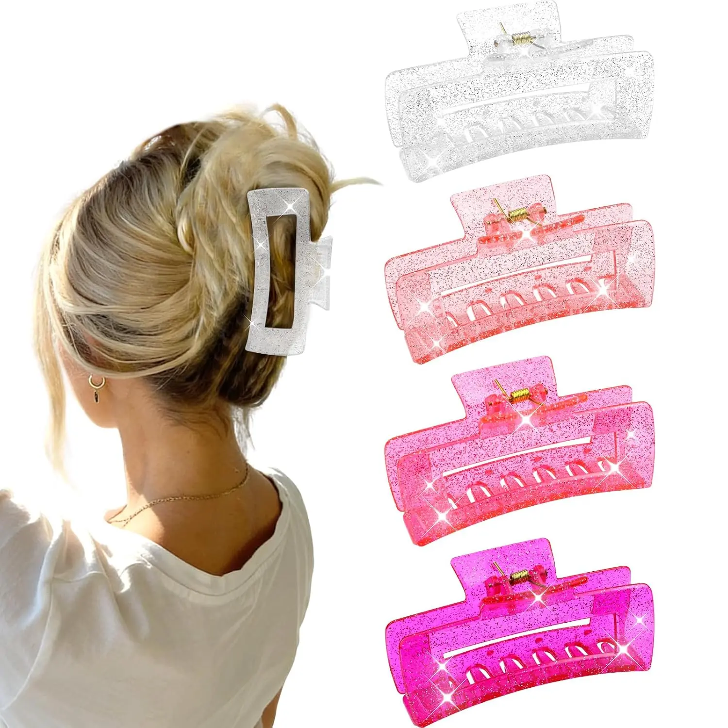 4 count  Clear Large Hair Claw Clips for Thick Thin Hair for Women | Glitter Square Big Hair Clips, Cute Magenta  Claw Clips,  Hold, Hot  Fashion Hair Accessories for Women
