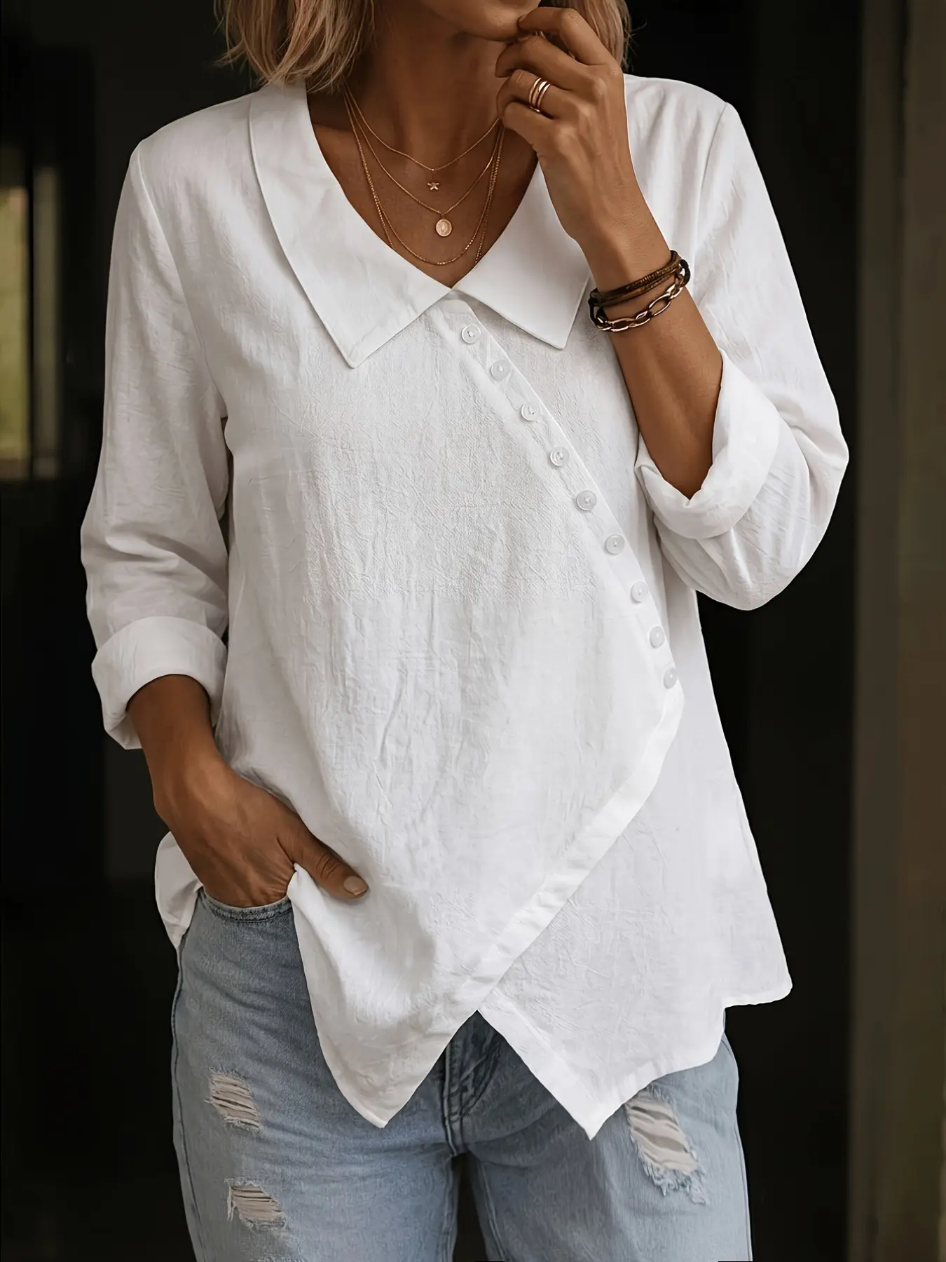 Plus Size Notched Lapel Shirt, Textured Wrinkle Design, Asymmetrical Hem, Long Sleeve, Loose Fit, French Style Office Top