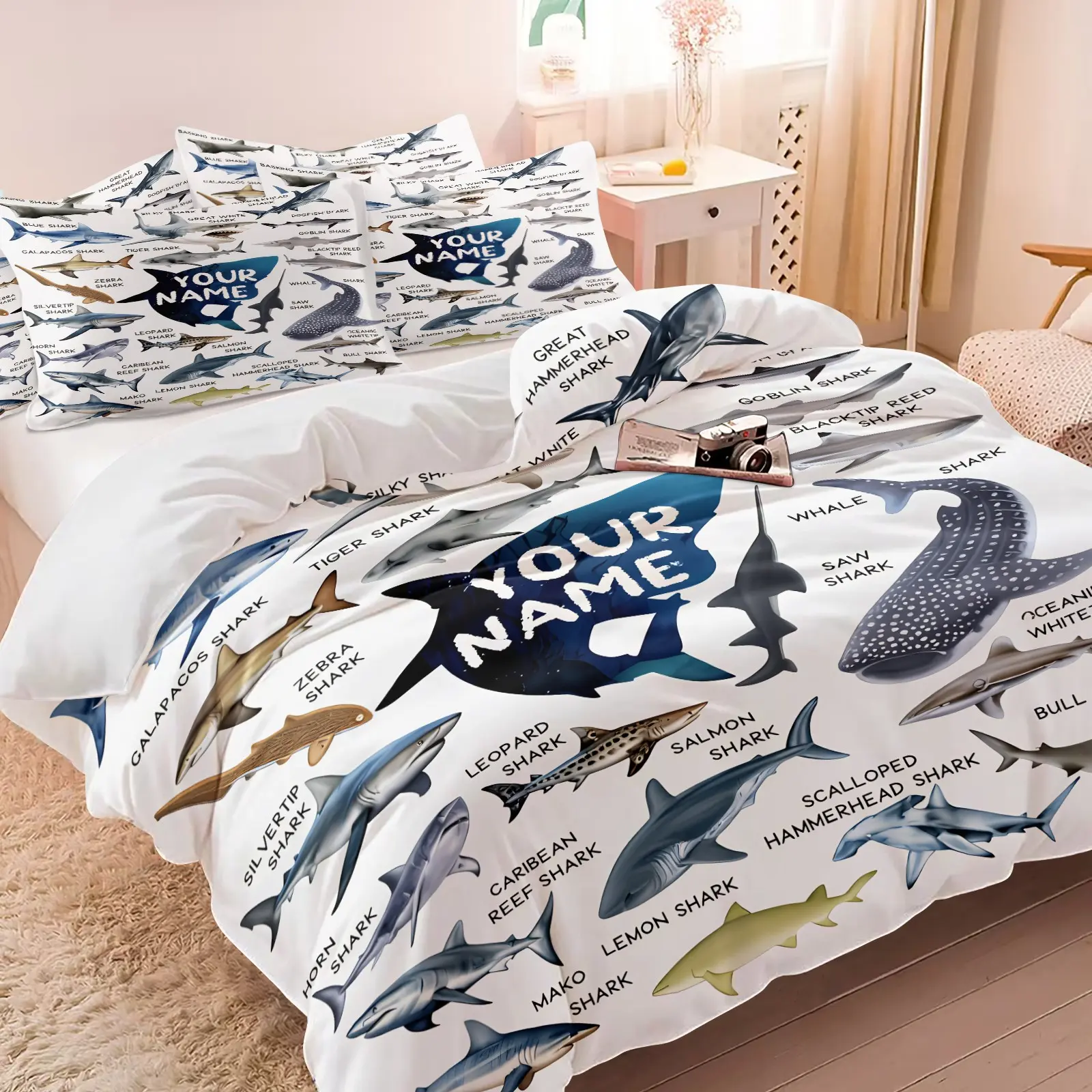 3PCS Custom Name Shark Species Duvet Cover Set（1 Duvet Cover + 1-2 Coreless Pillowcases ), White Base Various Sharks Chart Print, Soft Comfy All Seasons Summer Vibes Bedding Set,Ideal for Ocean Lover Kids Bedroom Dorm Decor