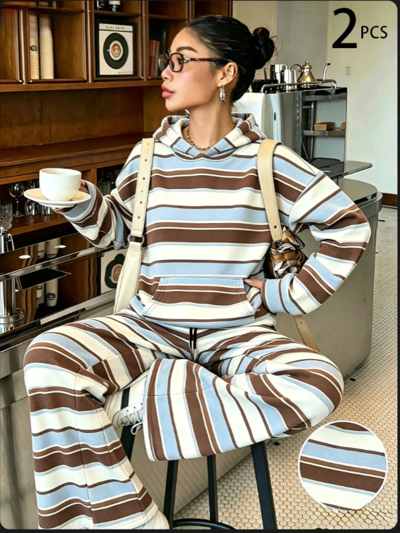 Vintage Striped Hooded Two-Piece Set for Women, Casual Fitted Sweatshirt and Wide-Leg Pants, Fall & Winter Y2K Style, Warm and Cozy