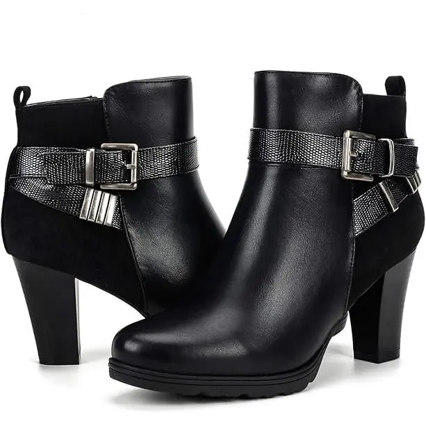 Women's Glitter Buckle Chunky Block Heel Ankle Boots, Patchwork Leather Side Zip Short Booties, Non Slip Platform Dress Boots for Fall Winter Daily Outfits,back to school,back to school haul