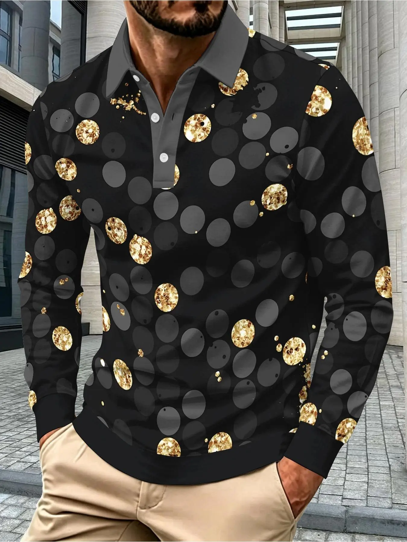 Fashion Geometric Pattern Men's Long Sleeve Polo Shirt, Casual Versatile Trendy Top, Dot Print Plaid Design, Multi-Color Dot Patchwork