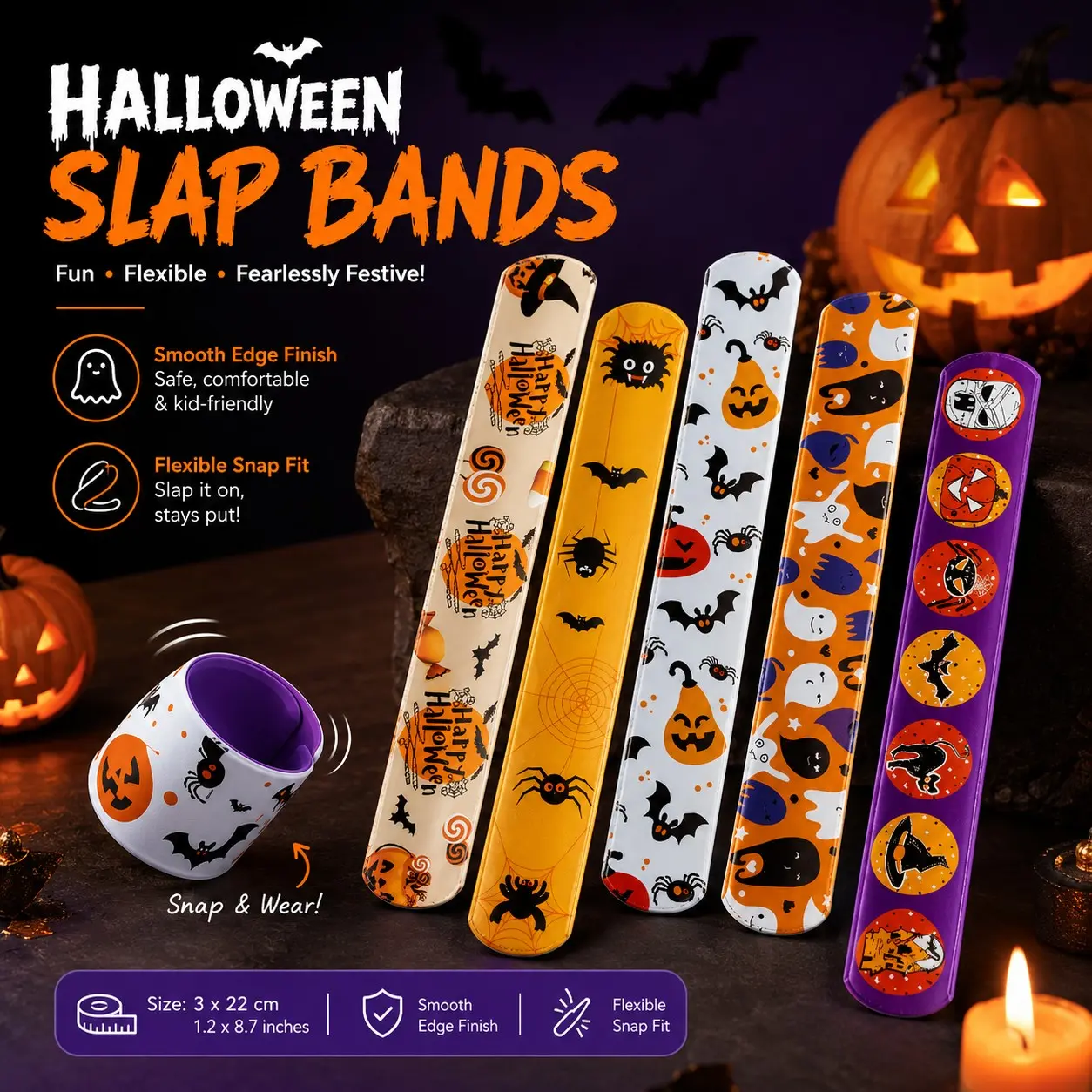 Halloween Snap Bracelet, Spooky Print Slap Band, Adjustable Party Toy Accessory for Halloween Events, Trick or Treat and Festive Gifts, Party Accessories