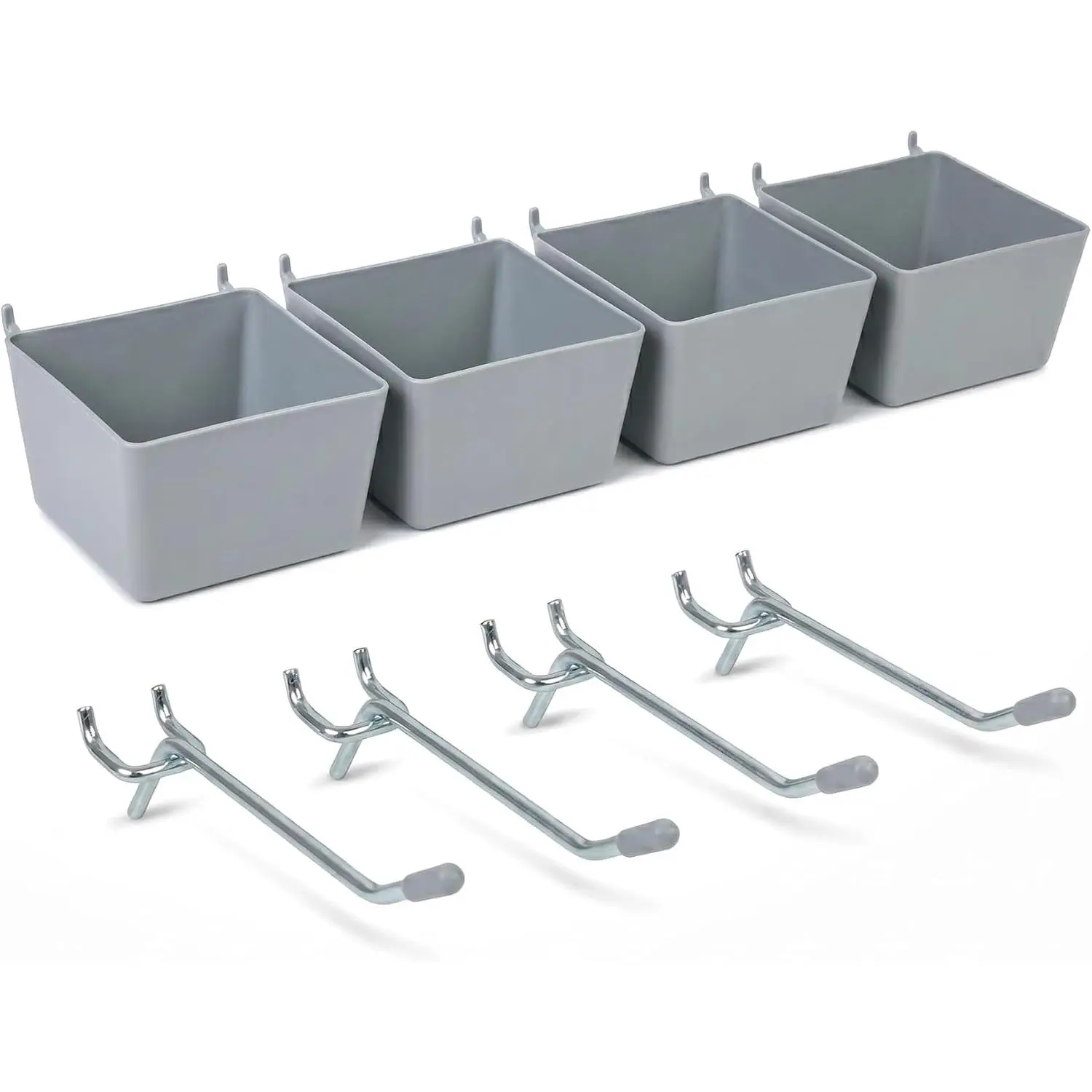 Pegboard Bins and Hooks Set, 4 Pack Open Front Storage Bins with 2 Inch Hooks, Fits 1/4" & 1/8" Pegboard, Heavy Duty Small  Organizer for Screws Nails Tools, Garage Workshop Wall Storage