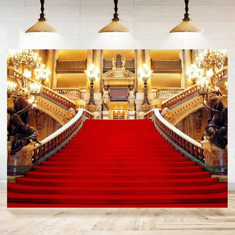 European Royal Hall Golden Palace Red Carpet Polyester Photography Backdrop - Home Decor Tapestry, Room Hanging, Gift for Father's Day & Family Events, Indoor-Outdoor Party Decoration Photo Booth Background