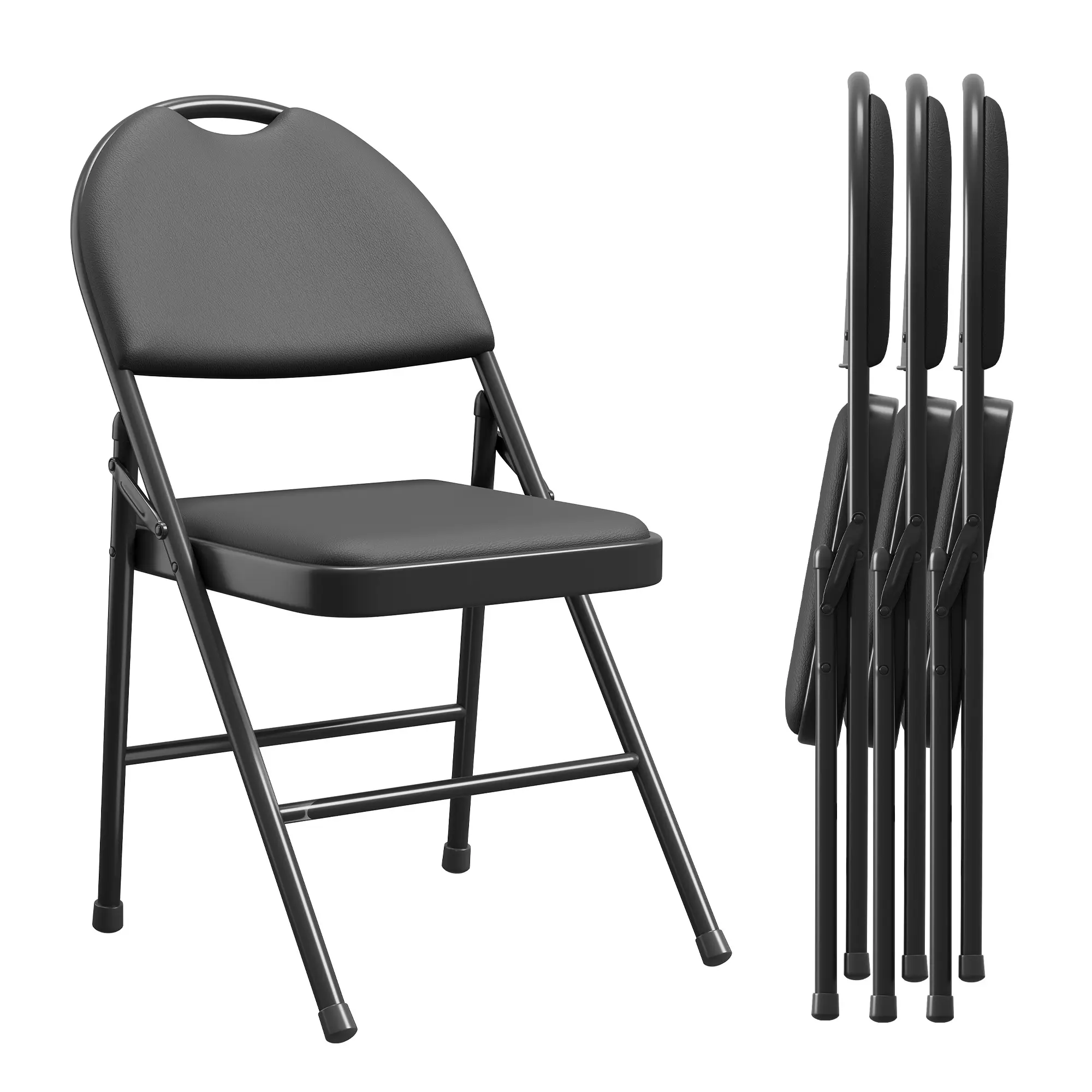 4 Pack Black Padded Folding Chairs, PU Leather Cushion & Backrest, Heavy Duty Metal Frame Stackable Portable Foldable Seats for Wedding Party Office Indoor Outdoor Events