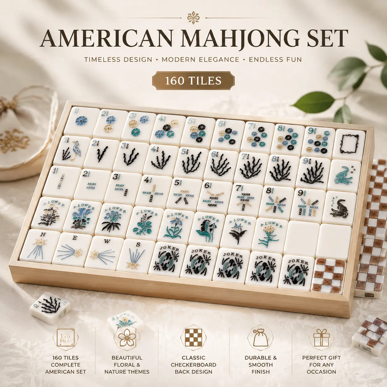 Beth American Mahjong Set - 160 Acrylic Tiles with Durable Smooth Finish, Indoor Tabletop Games for Home Family Night, Modern Elegant Party Game