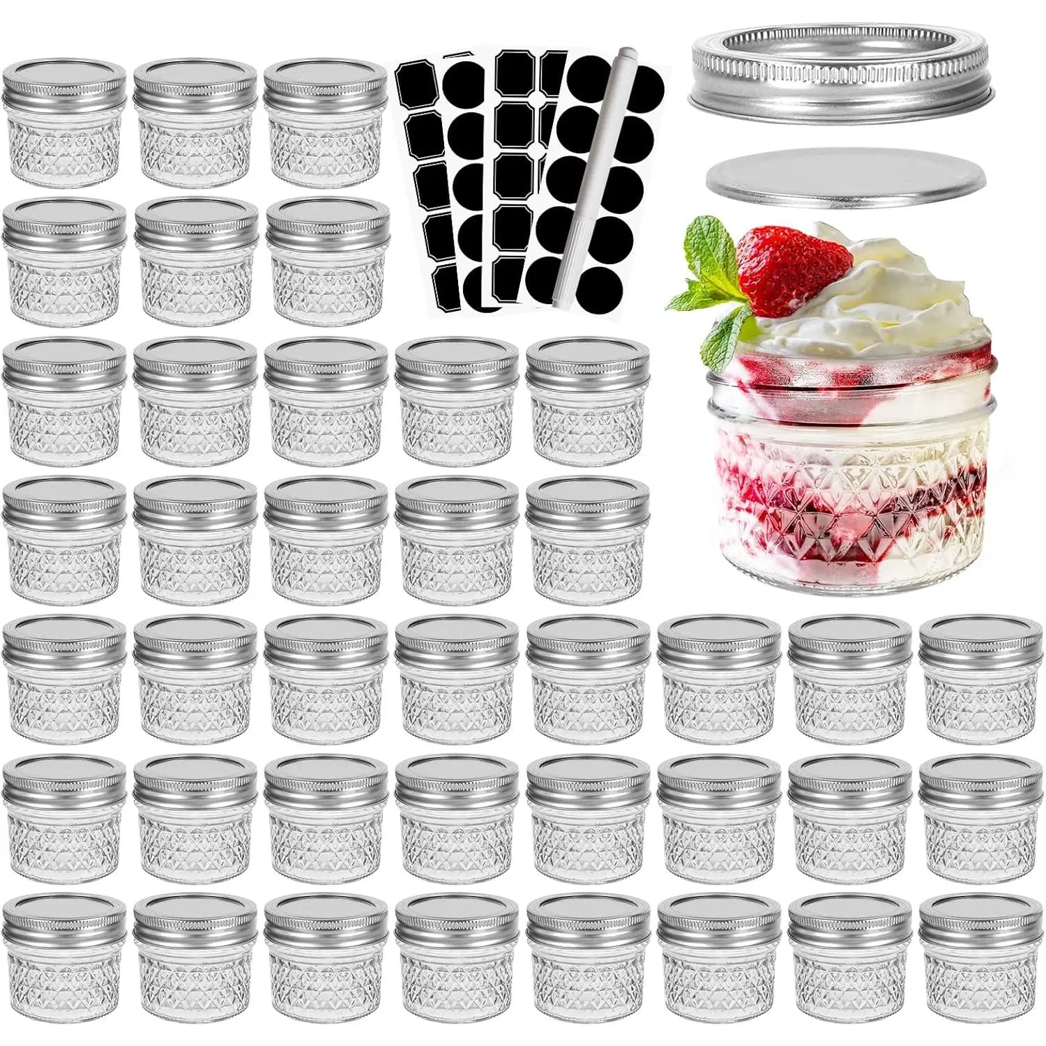 40 Pcs 4oz Clear Glass Mini Mason Jars With Silver Separable Lids and Diamond appearance, Small Spice Canning Jars for Honey, Jam, Jelly, Wedding Favors, Kitchen Food Storage