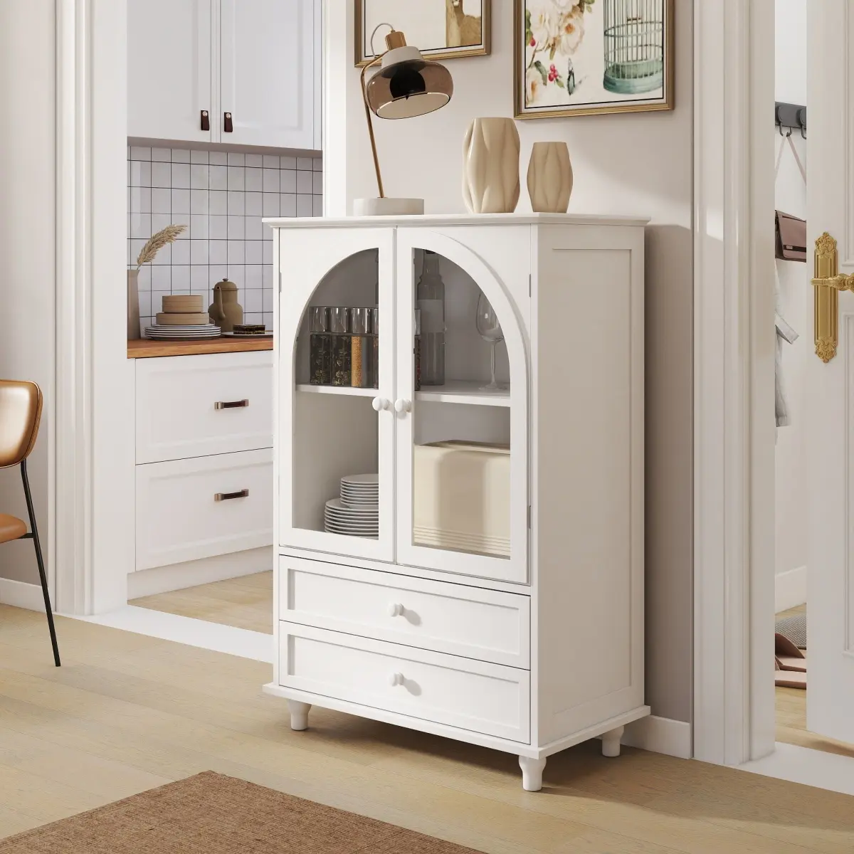 White Farmhouse Storage Cabinet, Arched Tempered Glass Door Buffet Sideboard with Tiered Top, 2‑Drawer Pantry Cabinet for Kitchen Dining Living Room Entryway Coffee Bar