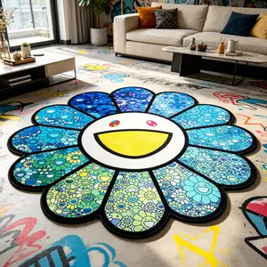 Blue Gradient Sunflower Rug, Artistic Graffiti Smile Mat, Comfortable Indoor Carpet, Hand Wash Only, for Living Room Bedroom Kitchen