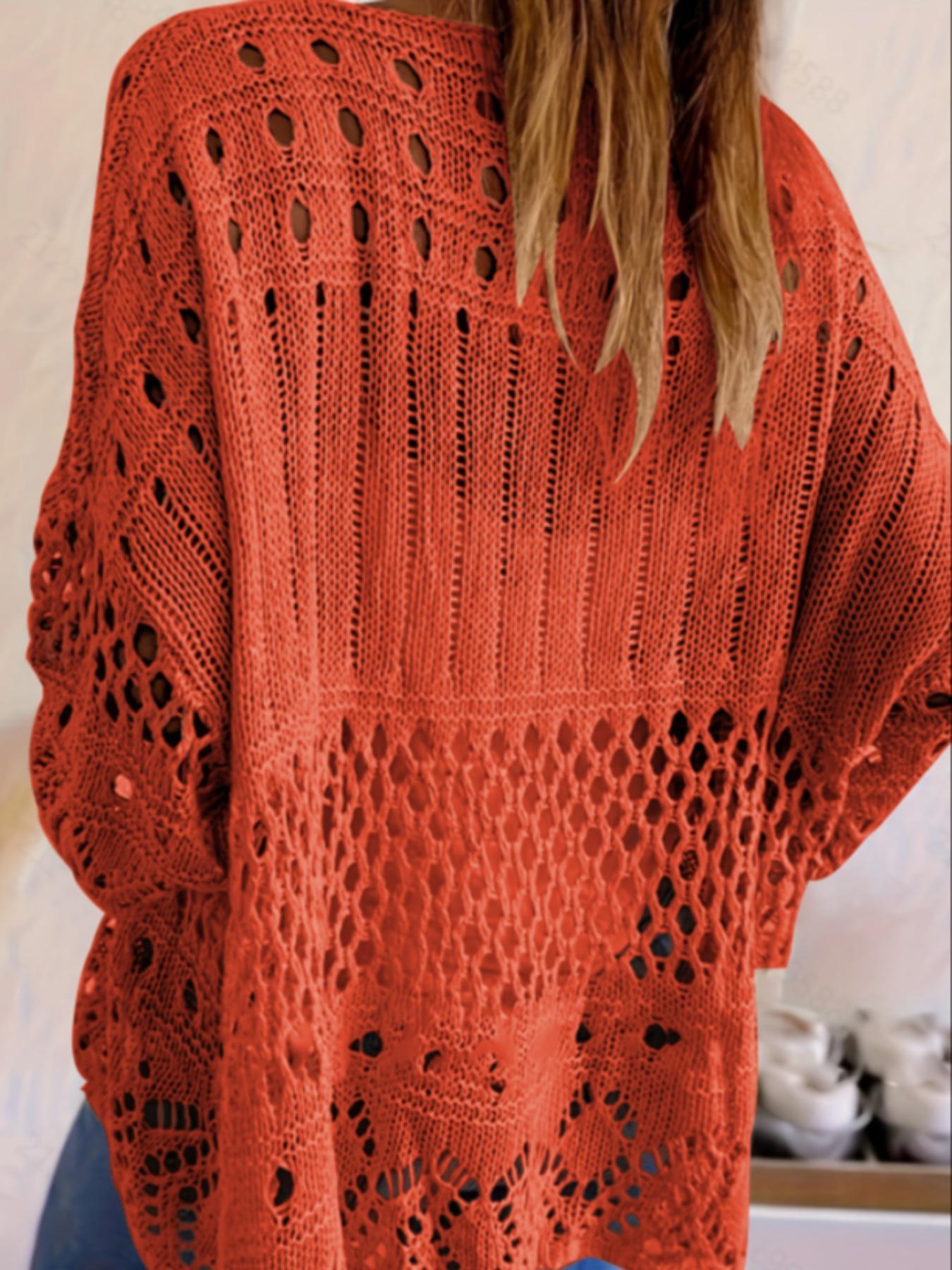 Women's Plus Size Fall Winter Hollow Out Round Neck Knit Top, Casual Elegant Vacation Style, Loose Batwing Shoulders, Long Sleeve Knitwear