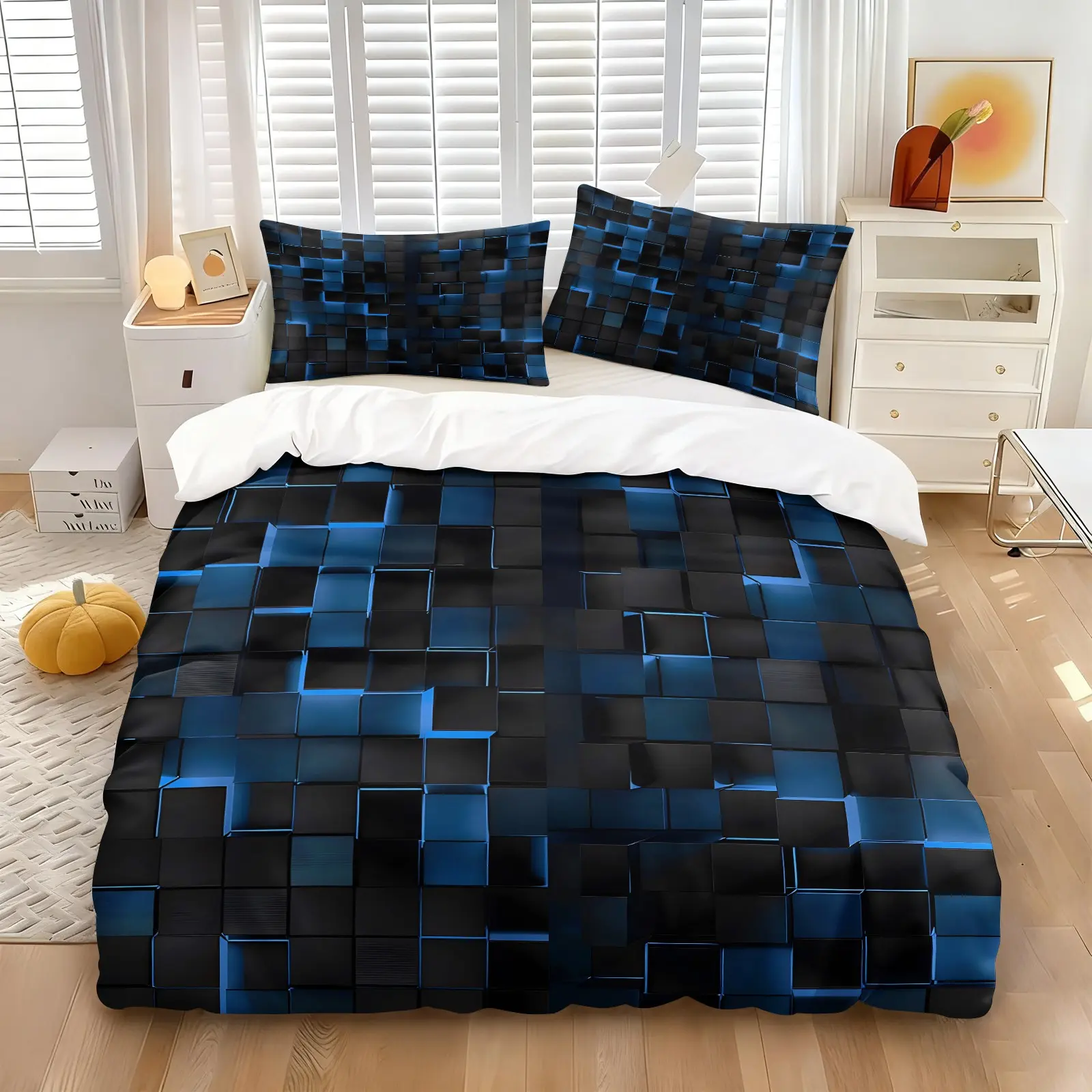 3PCS Dark Blue 3D Geometric Cube Duvet Cover Set (1 Duvet Cover + 1-2 Pillowcases), Black Base Bright Blue Shiny Block Grid HD Digital Print, Soft Cozy Skin-Friendly All Seasons Bedding, Perfect for Modern Gaming Masculine Bedroom Decor
