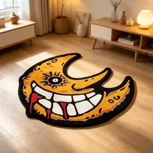 1 Piece Creepy Grinning Crescent Moon Irregular Carpet Rug, Single Eyed Bloody Fangs Halloween Design, Ultra-Soft Non-slip Machine Washable Floor Carpet Rug, Ideal For Bedroom & Gothic Spooky Home Decor