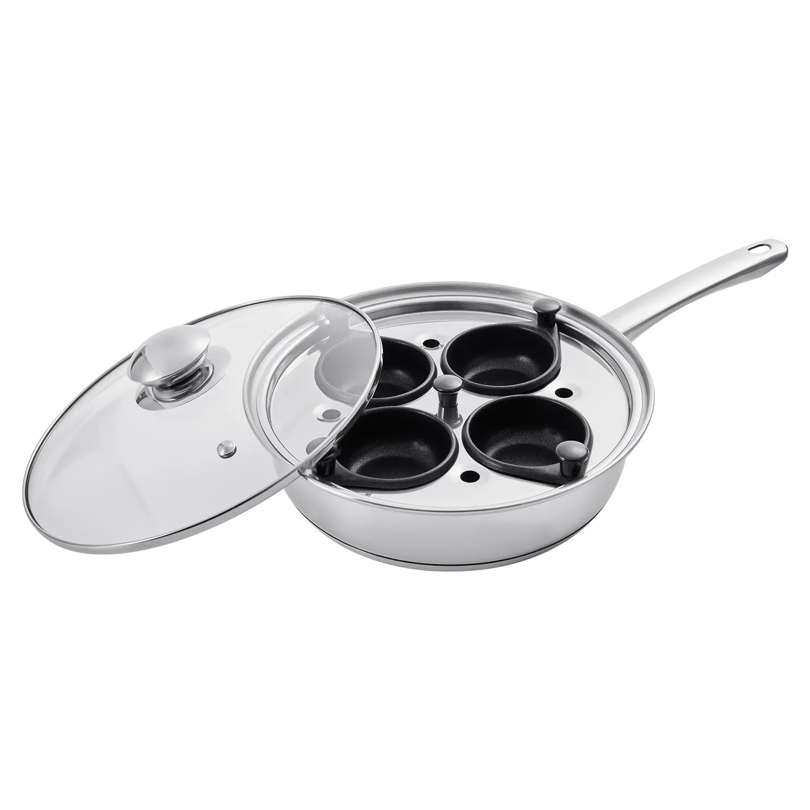 Stainless Steel Egg Poacher Round Pan - 4 Nonstick Detachable Cups System, Frying Skillet Cooker, Lid, Silicone Spatula, Induction Safe, Induction Compatible Stovetop Cookware for Home Cooking