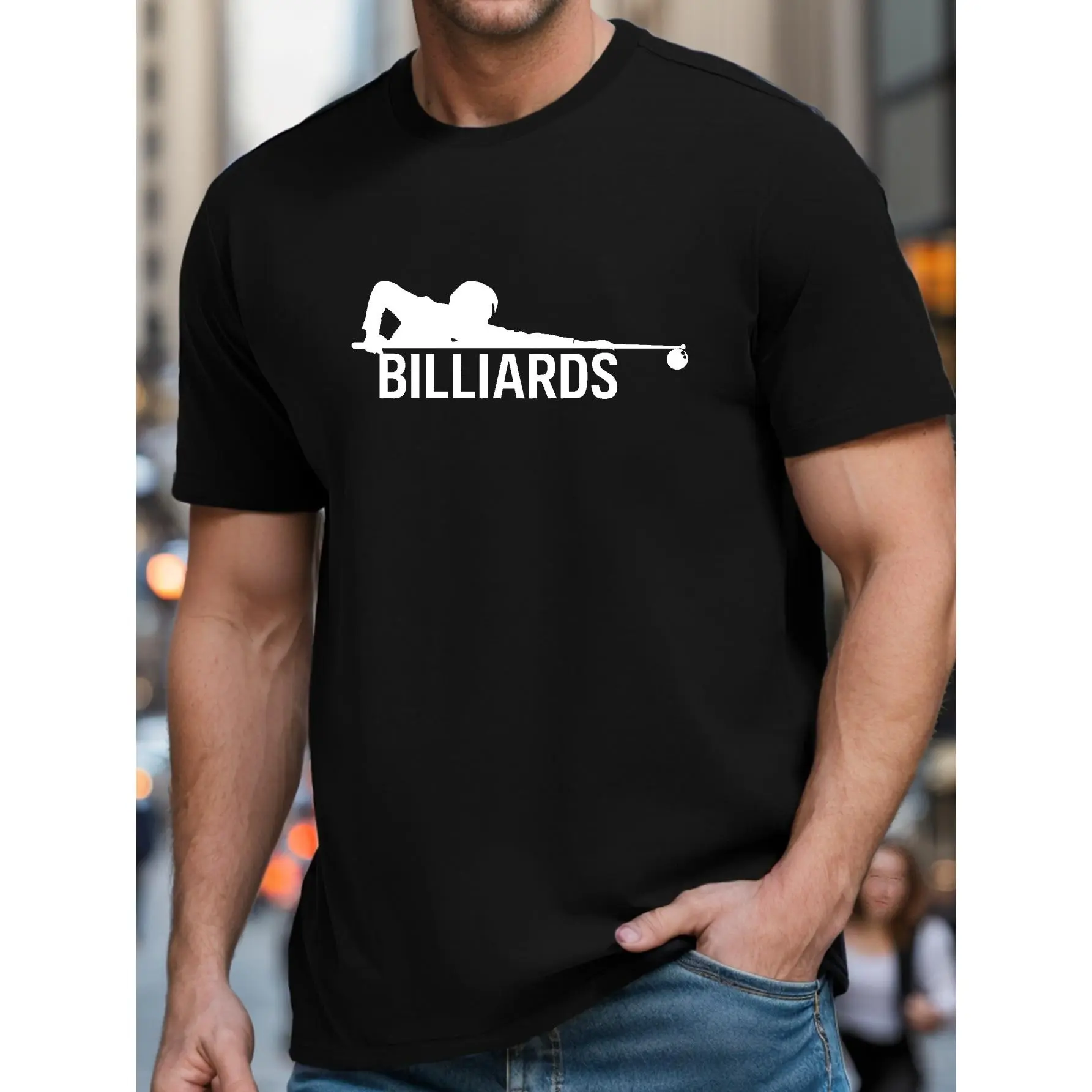Unisex Classic Crew Neck Cotton T-Shirt, Minimal Billiards Player Silhouette Graphic Tee, Simple 8 Ball Pool Sport Casual Short Sleeve Top, Black White Two Color Sports Lover Daily Basic Shirt