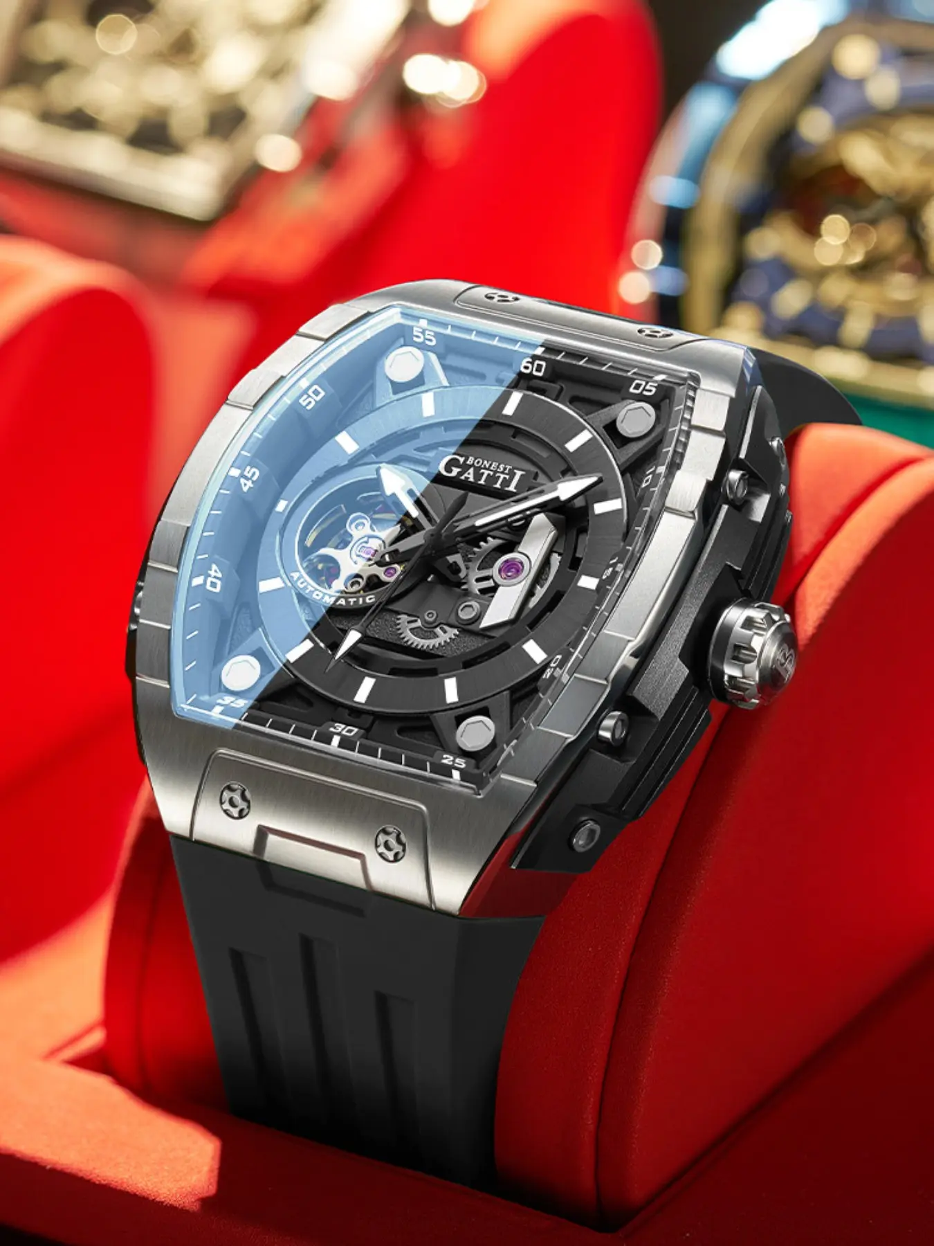 Bonest Gatti Silver Mechanical Watch, Hollow Flywheel Night Light, Waterproof Men's Sports Watch, Father's Day Gift, Summer Model Bg5602