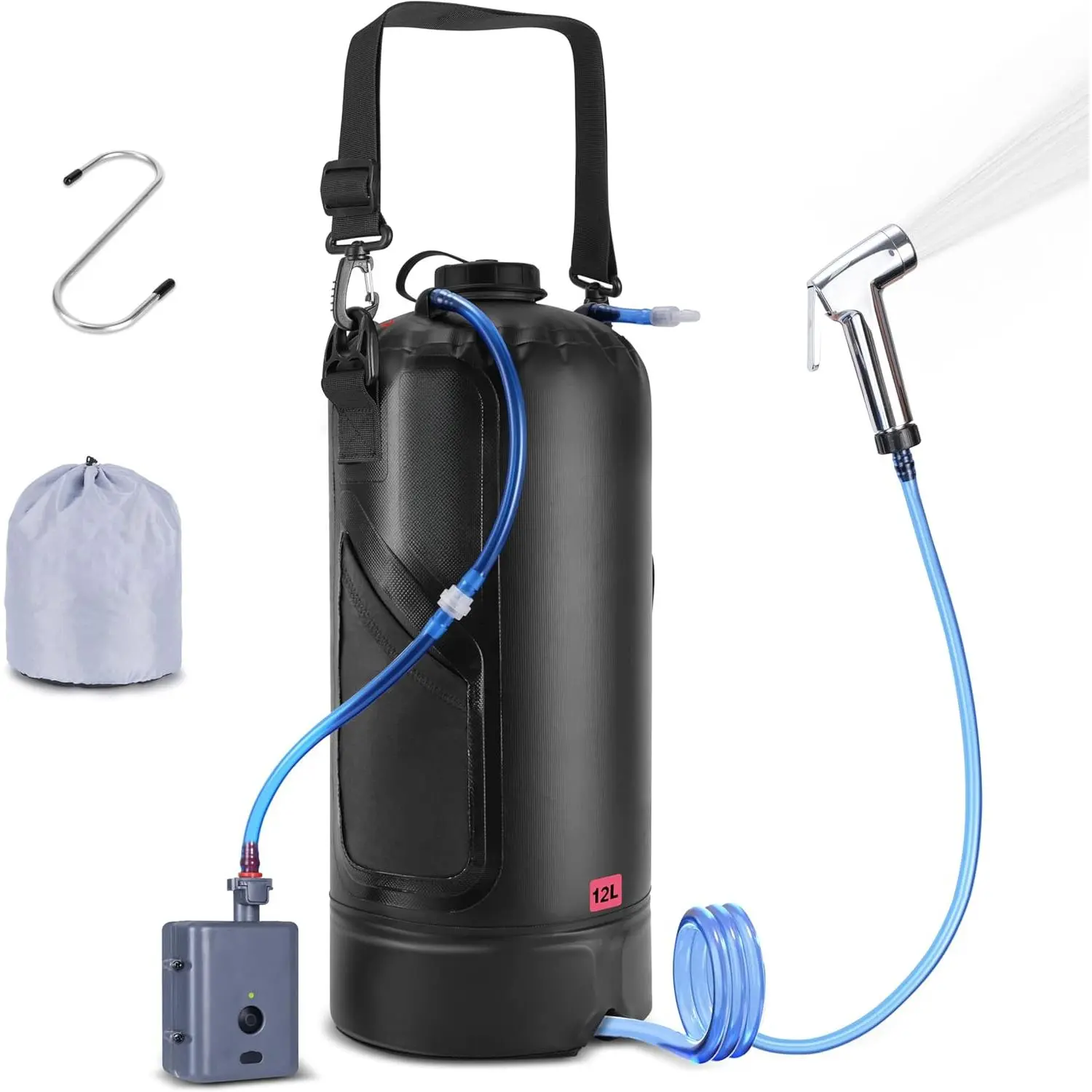 Portable Solar Camping Shower Bag with 12L/3.2 Gal Capacity, Auto Pressure Pump – Baby-Friendly Outdoor Shower for Camping, RV Use, No, No Warning Applicable