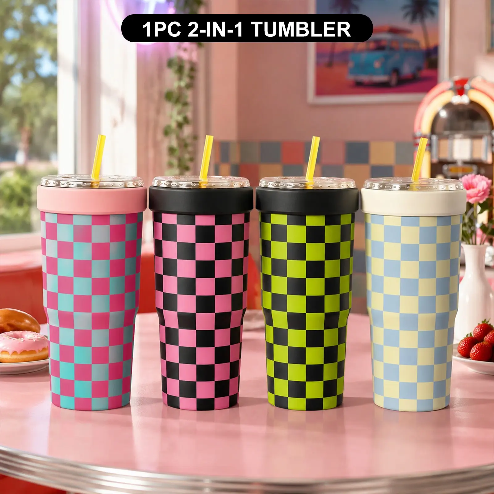1PC 2-IN-1 Checkerboard Tumbler, Trendy Color Block Insulated Cup, Double Wall Stainless Steel Travel Mug, Reusable Cold Drink Cup, Leakproof Coffee Tumbler for Women, Girls, Office, School, Car Cup Holder, Stylish Daily Gift