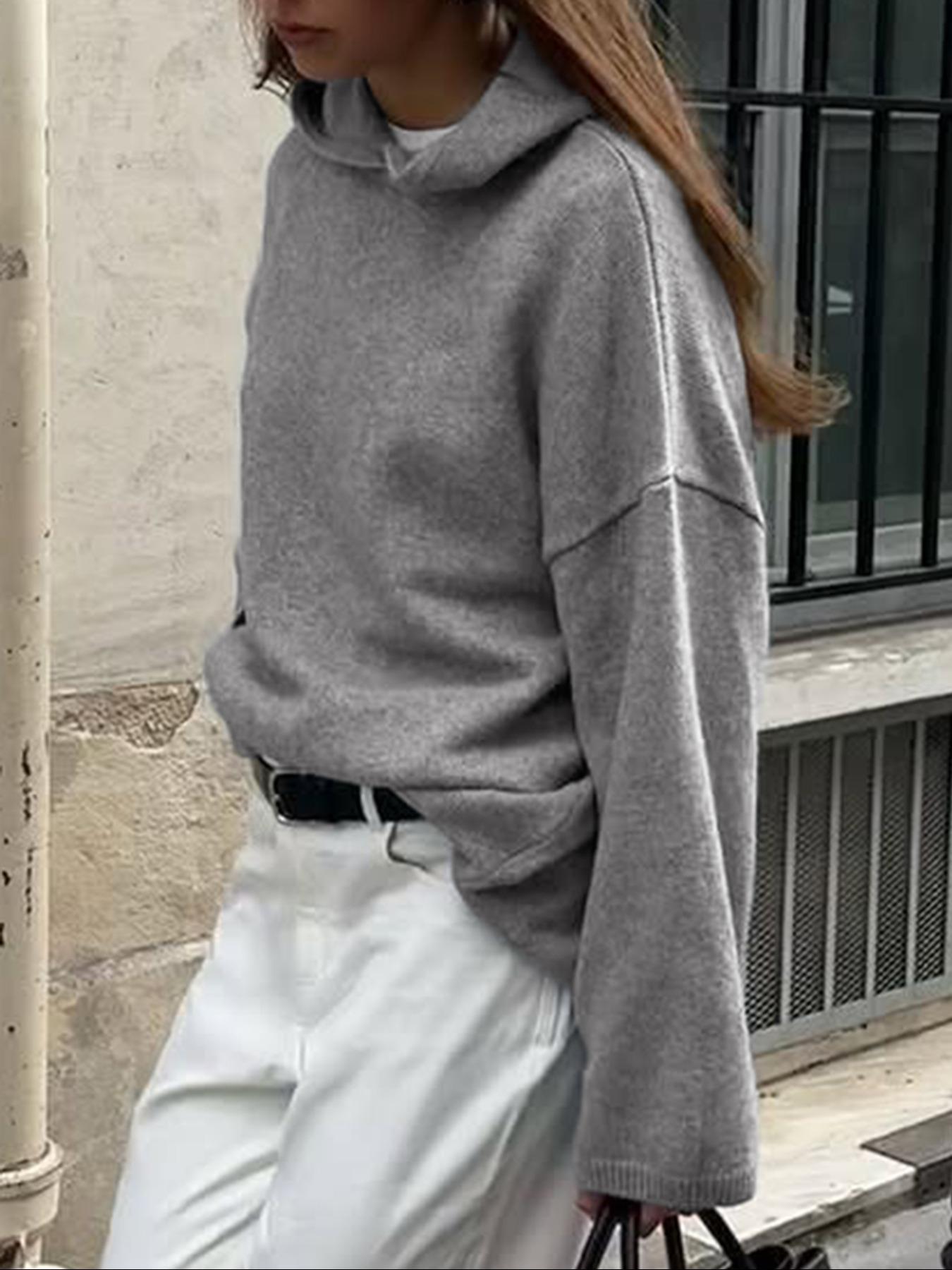 Casual Solid Color Hooded Knit Sweater, Thin Fabric Fitted Style Knitwear for Fall, Comfortable and Stylish Pullover, Women's Clothing