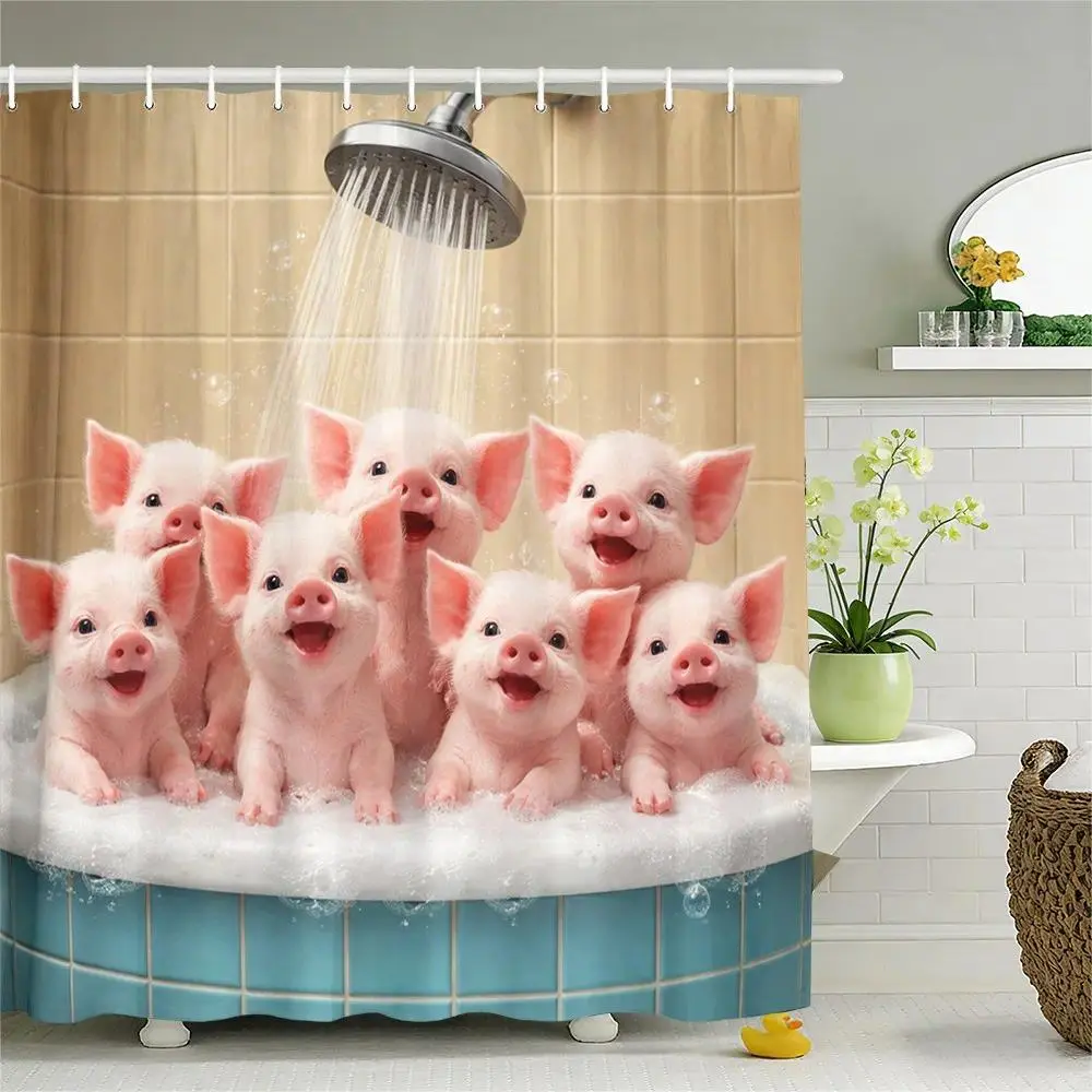 Cute Piggy Bath Curtain, Whimsical Shower Curtain, Bubble Bath Design, Bathroom Decor Divider, Fun Cartoon Privacy Screen, Home Bathroom Decoration, Includes Hooks