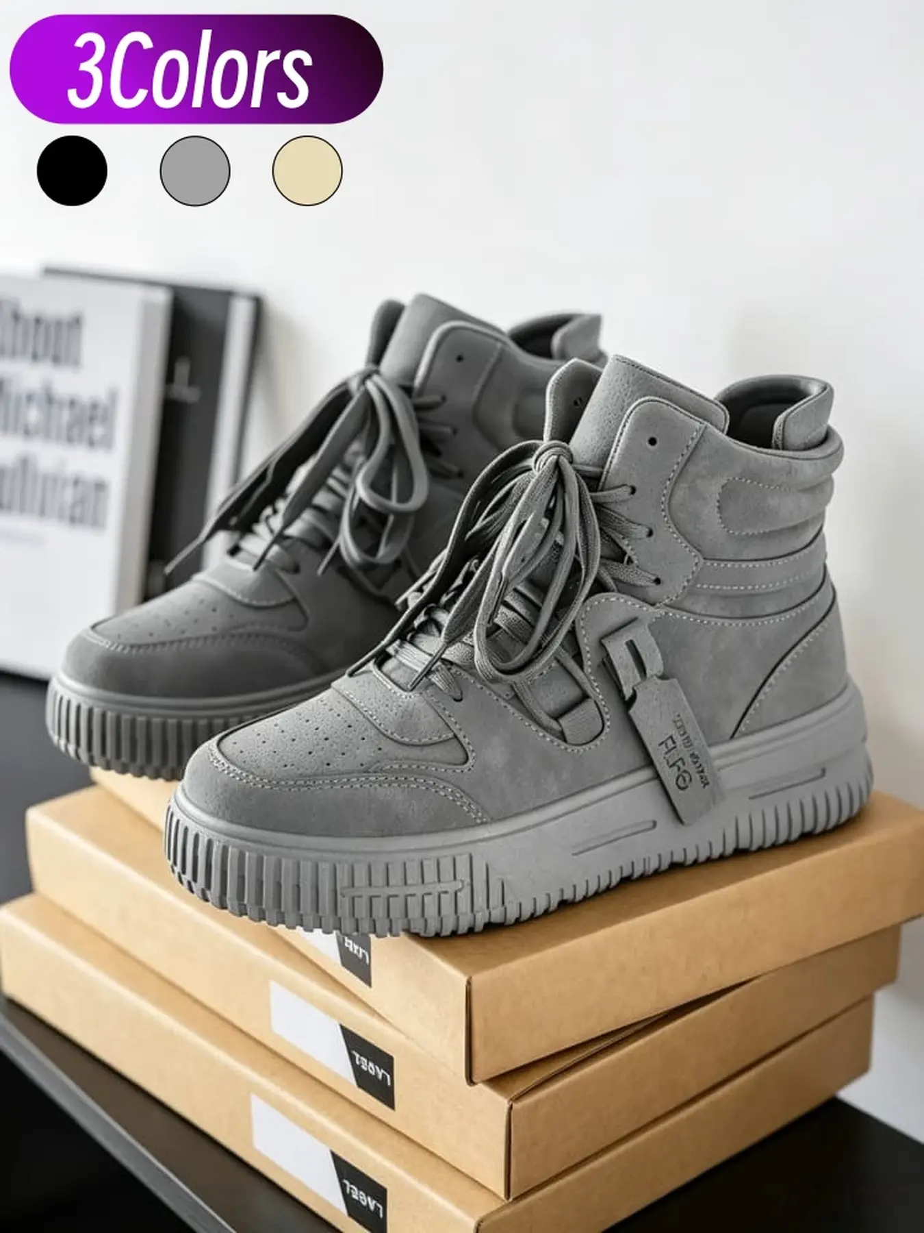 Men High Top Casual Sneakers Functional Workwear Style Chunky Height Increase Non Slip Wear Resistant For Commute Street