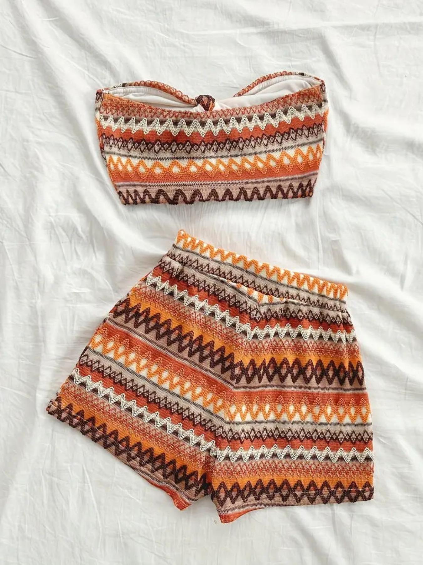 Women's Striped Pattern Crop Tube Top & High Waist Shorts Set, Casual Fashion Cozy Two Piece Set for Daily Outdoor Wear, Ladies Clothes for All Seasons Womenswear