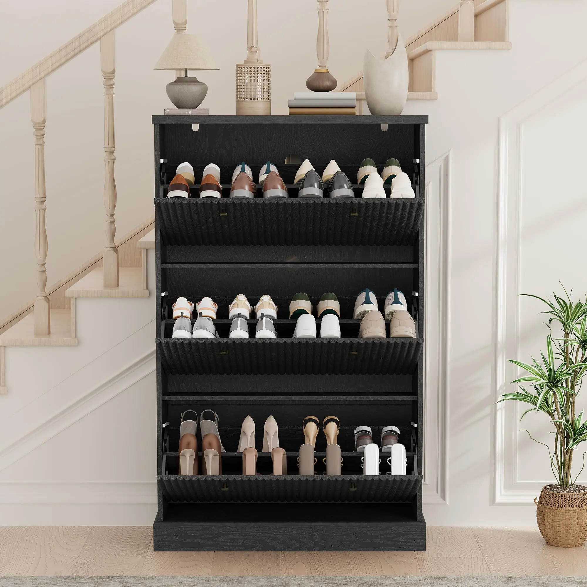 Garvee Modern Shoe Cabinet with 3 Invert Drawers – Adjustable Shelves – Freestanding Wooden Organizer for Entryway, Hallway, or Living Room – Space-Saving Design