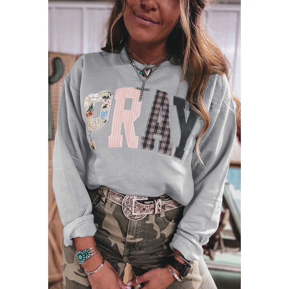 Green Bay Floral Buffalo Plaid Striped Embroidered Patch Western Pullover Sweatshirt