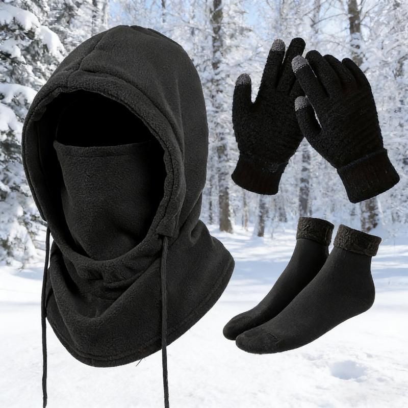 3 or 4-Piece Winter Warmth Set - Windproof and Warm Full-Face Mask Hooded Jacket, Gloves, and Thermal Socks - Extreme Cold Weather Gear for Skiing, Cycling, Snowboarding - Unisex for Adults (Hand Washable) - Ideal Christmas and New Year Gift