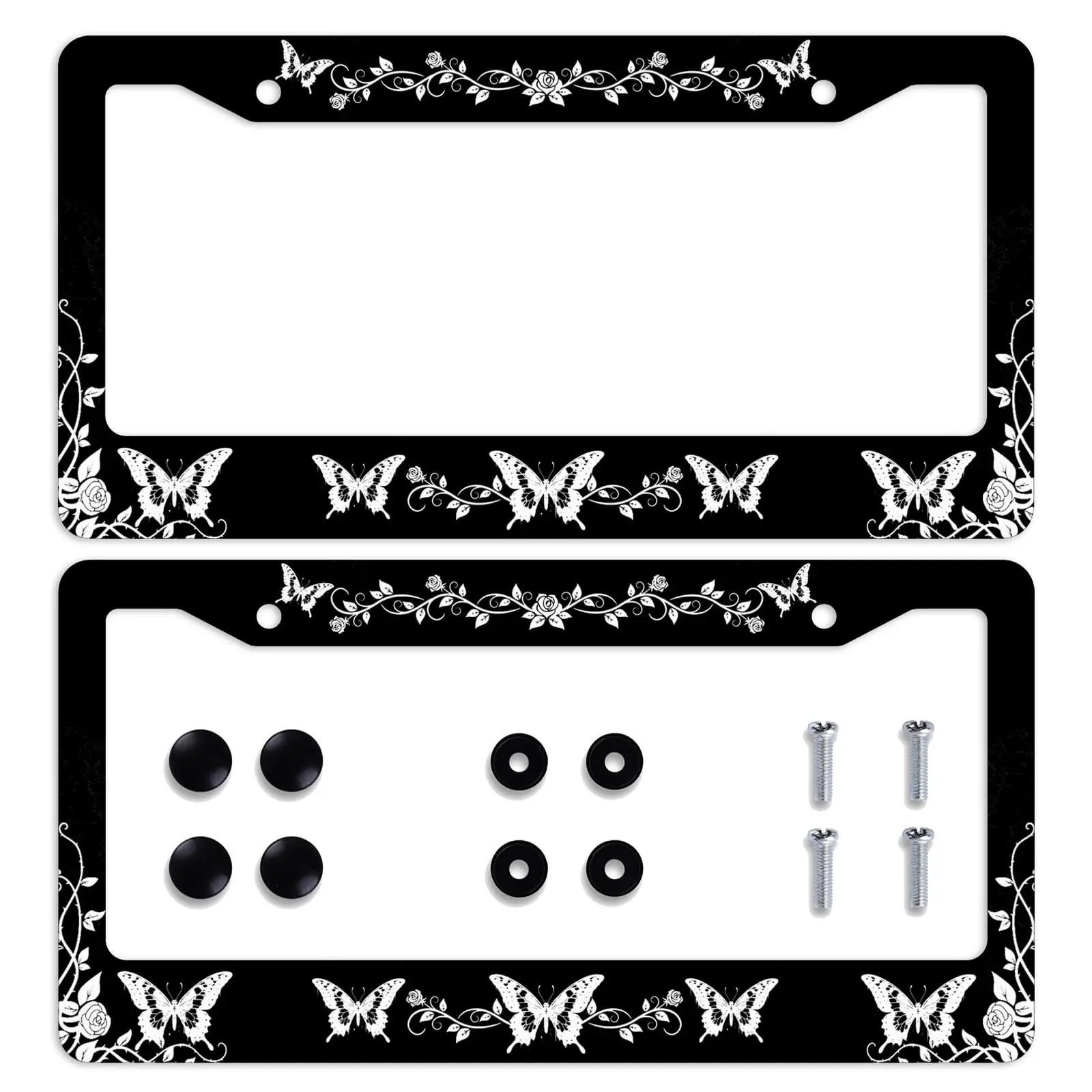 legant Vintage Butterfly License Plate Frame 2 Pack, White Rose Flower Vines Car Tag Holder, Black Aluminum Novelty Gothic Floral Auto Plate Covers for Front Rear Plates with Screws Caps