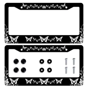 legant Vintage Butterfly License Plate Frame 2 Pack, White Rose Flower Vines Car Tag Holder, Black Aluminum Novelty Gothic Floral Auto Plate Covers for Front Rear Plates with Screws Caps