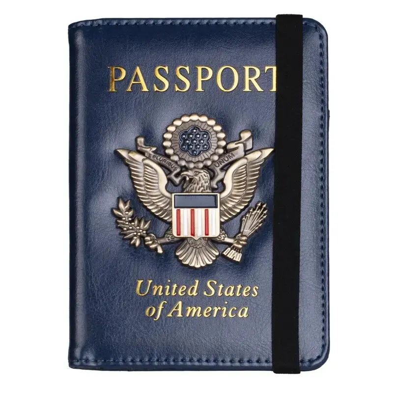 RFID Blocking Passport Holder for Women Men, Leather Travel Wallet with Metal 3D Badge, Dark Blue Document Cover Accessory