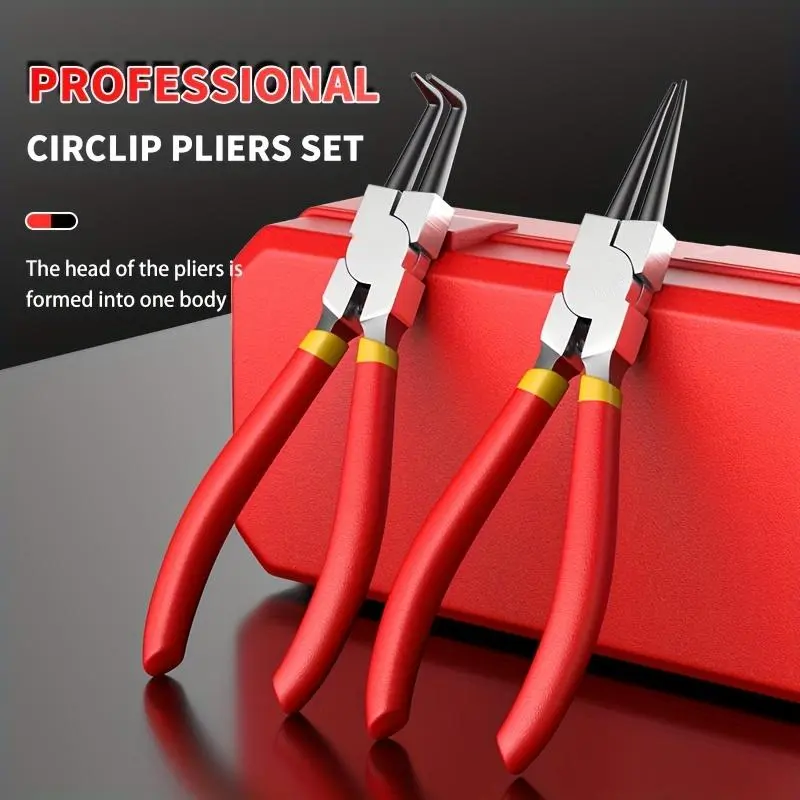 4-Piece Clip Pliers Set - 7in & 9in Snap-On Ring Removal Tools, Split Ring Pliers for Straight & Curved Fasteners, with Internal/External C-Shaped Clamps