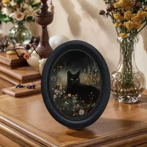 Halloween Oval Frame Cat Desktop Photo Frame, Vintage Gothic Style Cat Painting, Holiday Decor for Living Room, Office, Bookshelf