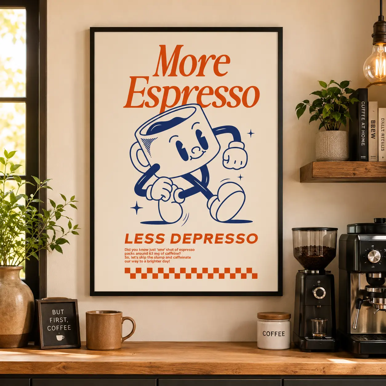 More Espresso Less Depresso Coffee Canvas Wall Art |   Funny Retro Quote Poster for Coffee Bar, Kitchen & Home Decor