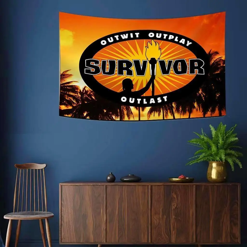 Survivor TV Show Iconic Logo Synthetic Polyester Print Tapestry - "Outsmart-Outmaneuver-Survive" Slogan, Tribal Design, Gender Neutral Large Format Wall Decor, Festive Backdrop & Banner Fan Gift