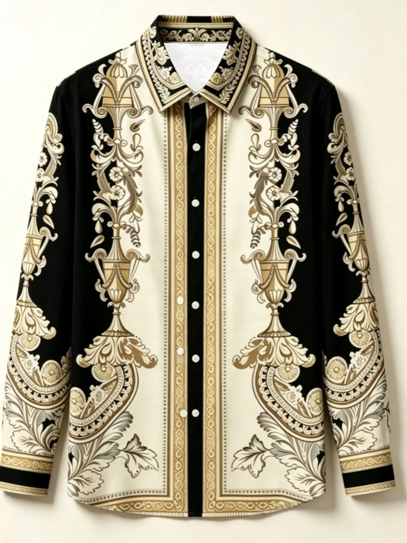 Vintage Floral Baroque Men's Long Sleeve Shirt, Retro Style Slim-Fitting Top, All Seasons Unlined Clothing, Full Placket Design