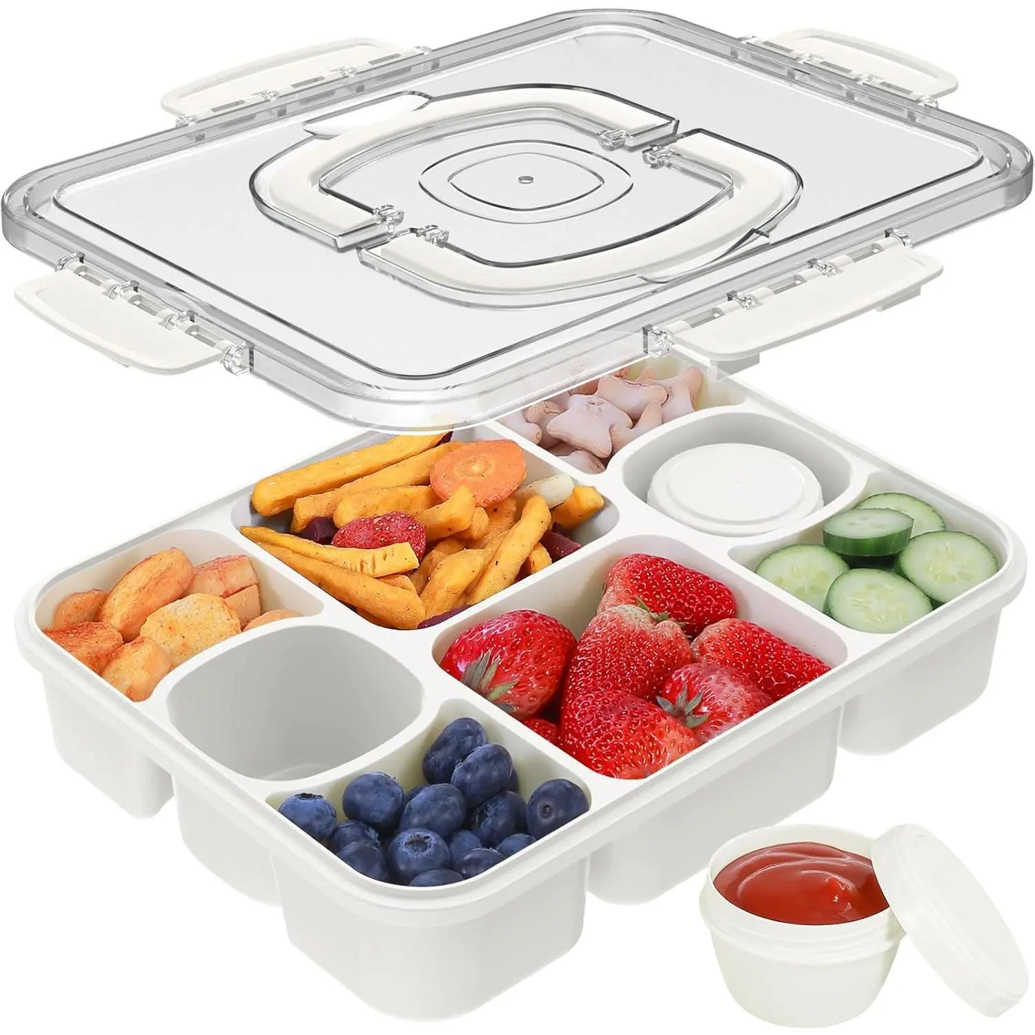 Snackle Box Container with 2 Leak-Proof Sauce Cups, BPA-Free 8-Compartment Divided Serving Tray with Lid and Handle for Travel, Picnics and Parties,cooking