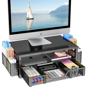 Trending 2-Tier Computer Monitor Stand Riser with Drawer and 2 Pen Holders, Desktop Storage Organizer Accessories Suitable for Home and Office Use, Black