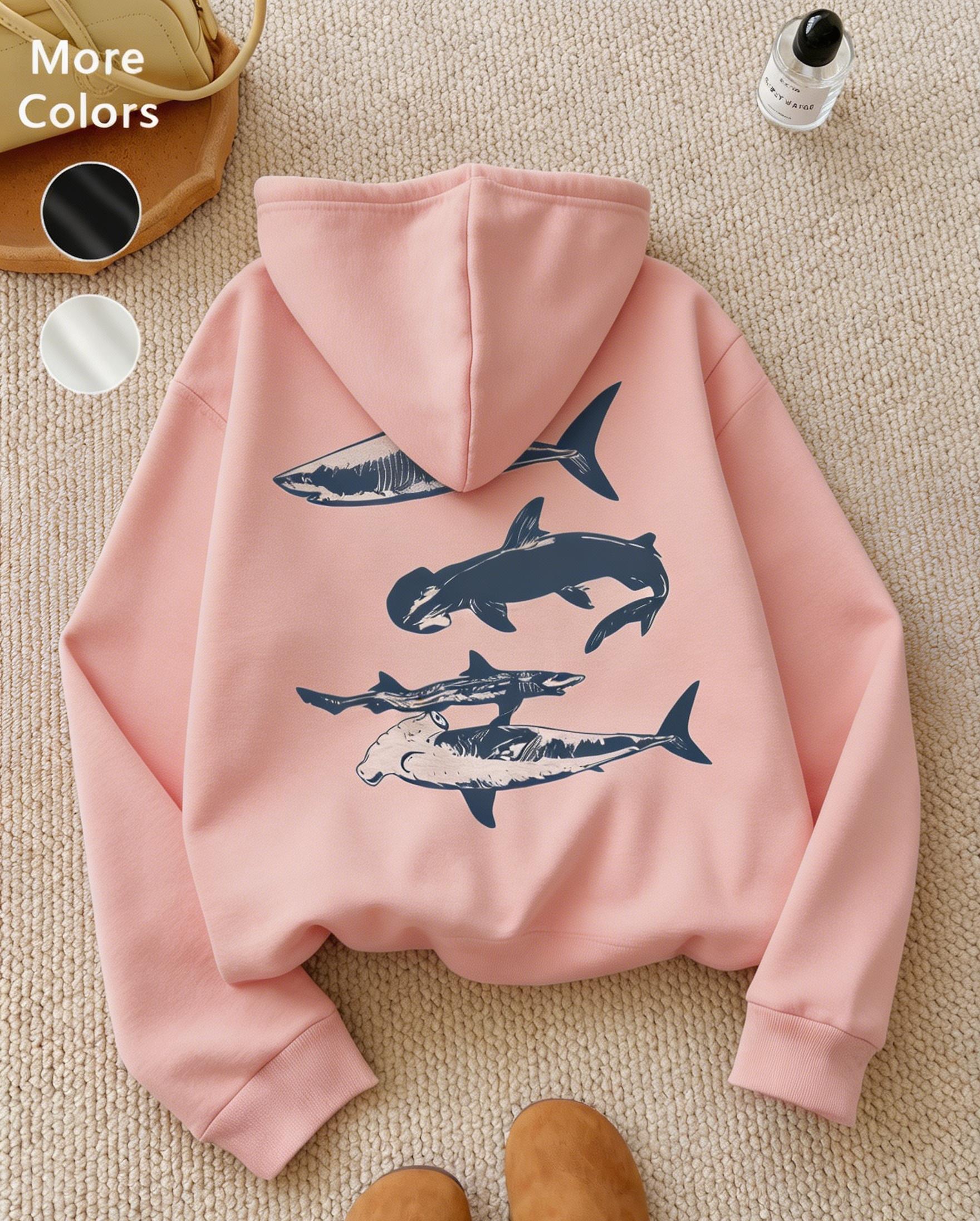 Women's Wool Aesthetic Hoodie, Loose Long-Sleeve Pullover for Autumn and Winter, Shark Print Casual Daily Wear, Unisex Fashion Top